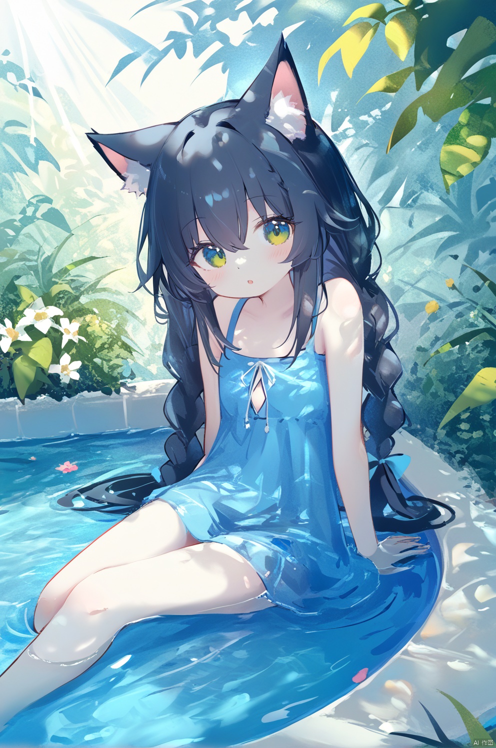 oilwillystyle,1girl, animal ears, solo, black hair, long hair, cat ears, looking at viewer, animal ear fluff, hair between eyes, water, sitting, braid, flower, **** top, very long hair, outdoors, :o, blush, plant, leaf, bangs, arm support, bare arms, twin braids, blue **** top, bare shoulders, parted lips, blue eyes, partially submerged, cat girl, sleeveless, blue shirt, sunlight, dappled sunlight, green eyes, yokozuwari,furry,bichu