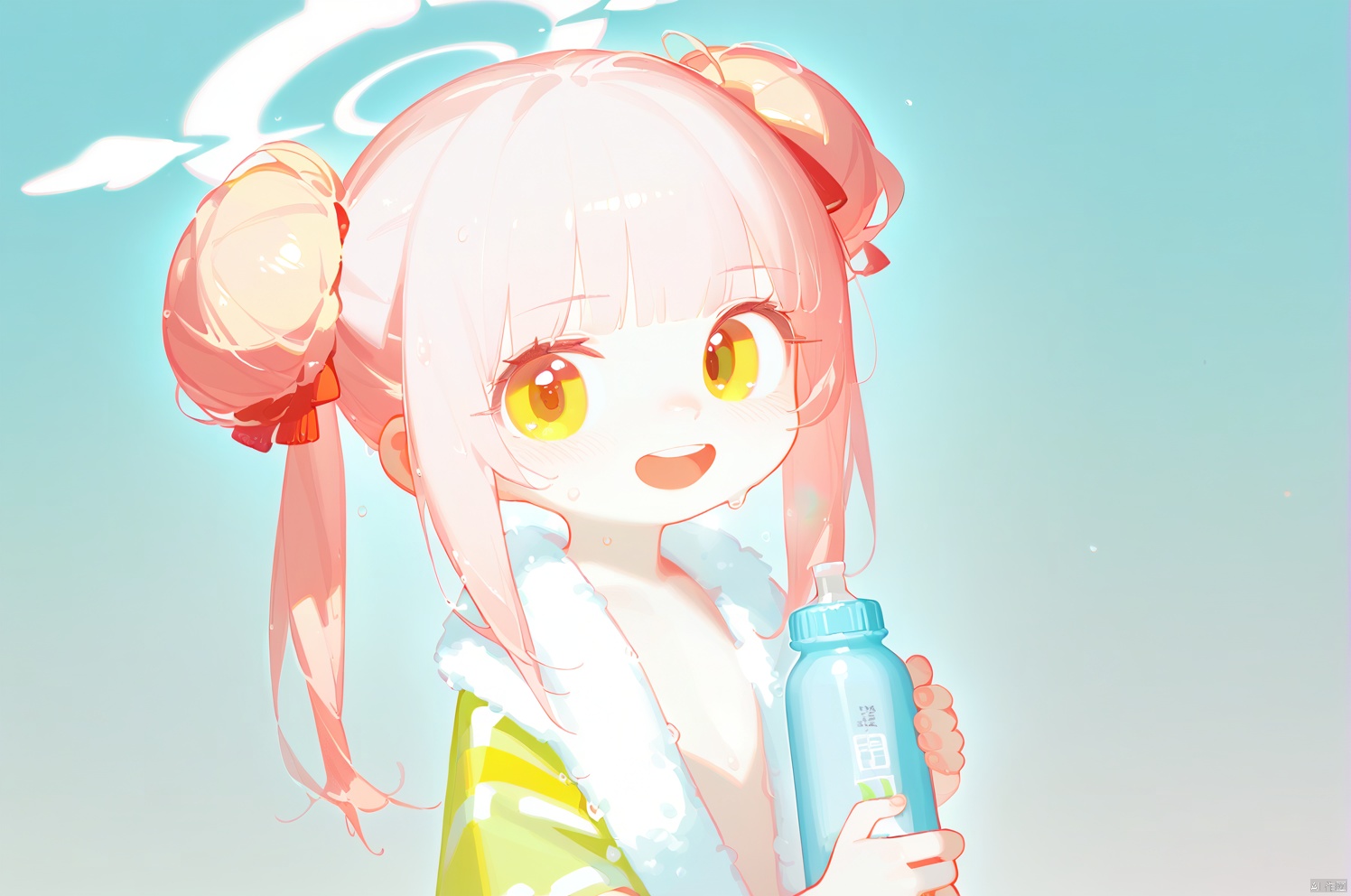  tianliang duohe fangdongye, quality good, 1girl, solo, hair bun, double bun, holding, halo, open mouth, sweat, looking at viewer, bangs, towel, pink hair, bottle, teeth, wings, upper body, blunt bangs, green eyes, blush, holding bottle, long hair, gradient, twintails, upper teeth only, gradient background, sidelocks, yellow eyes, flat chest, towel around neck, smile, angel