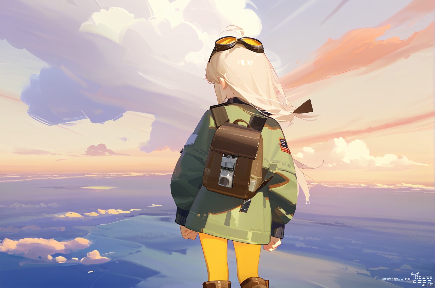 masterpiece,best quality,illustration,ultra detailed,hdr,Depth of field,(colorful),artist:tianliang duohe fangdongye,bright outline,1girl, solo, bomber jacket, pilot coat, goggles on the head, white long hair, Green eyes , four-leaf clover, wind-blown clothes, leather boots, leather material, bare legs, brown backpack, walkie-talkie, antenna, scout, exploration, signal transmitter, sunset, setting sun, Tyndall light, horizon, ultimate color, melancholy expression, the girl looks into the distance, parachute, cumulonimbus, clouds, aerial view, distant view, airship, hyperdetail, nature landscape, clouds,