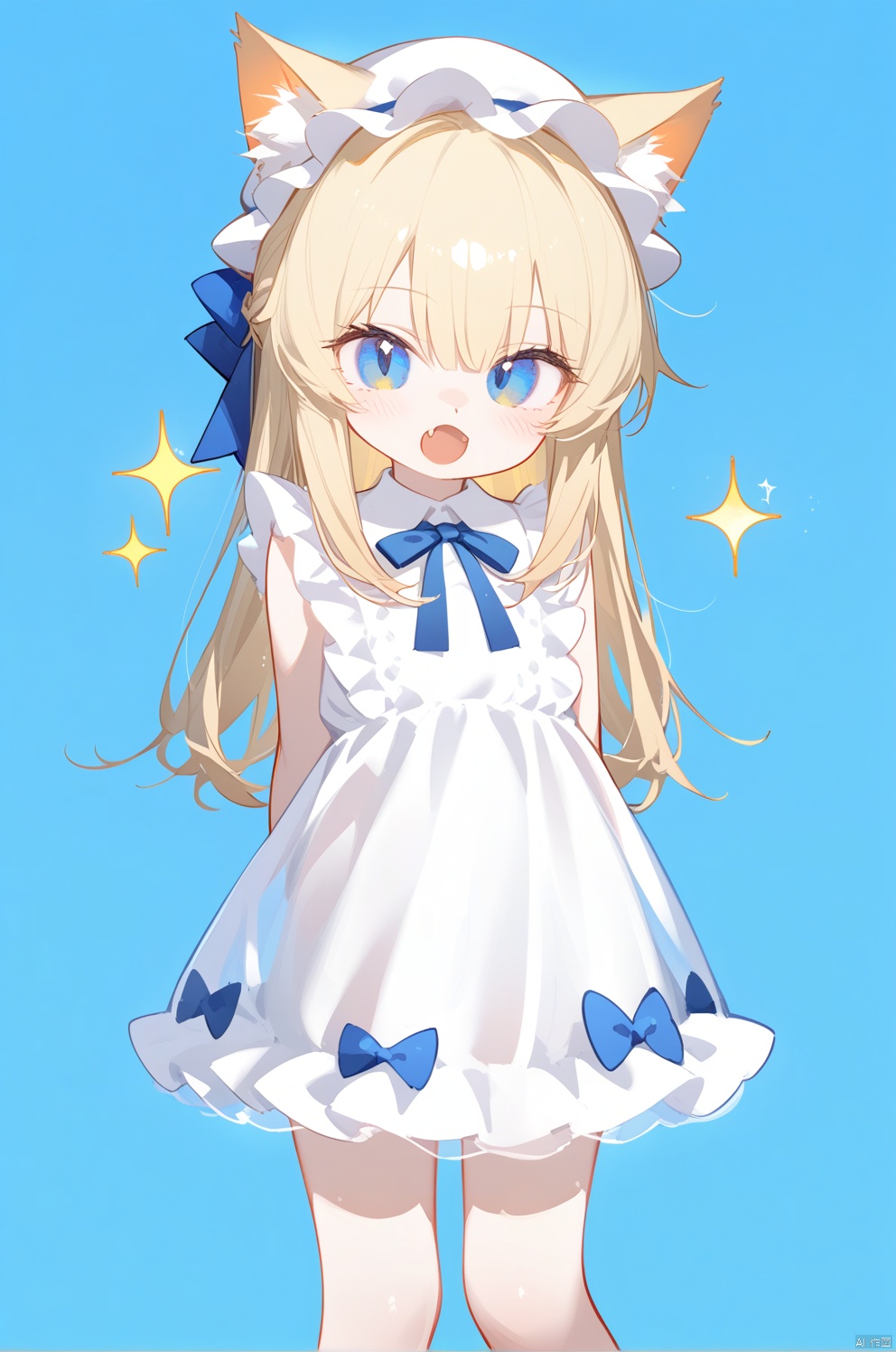 breadman style, 1girl, animal ears, solo, blue eyes, dress, long hair, animal ear fluff, blonde hair, bow, see-through, cat ears, looking at viewer, arms behind back, hat, blush, open mouth, sparkle, fang, female child, white headwear, aged down, child, hair between eyes, standing, yellow dress, bangs, simple background, blue bow, mob cap, sleeveless, hair bow, long sleeves, frilled dress, cat girl, sleeveless dress