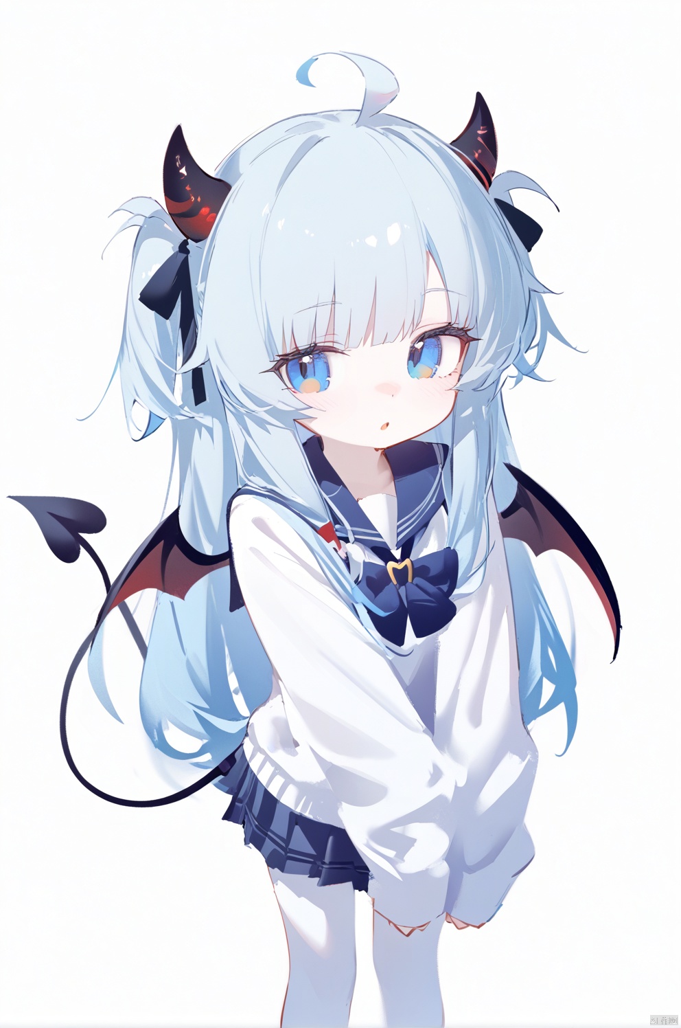 breadman style,willy style,1girl,solo, light blue hair,blue eyes,very long hair,demon tail,demon wings,horns,two side up, parted lips, school uniform, simple background, white background,furry,bichu