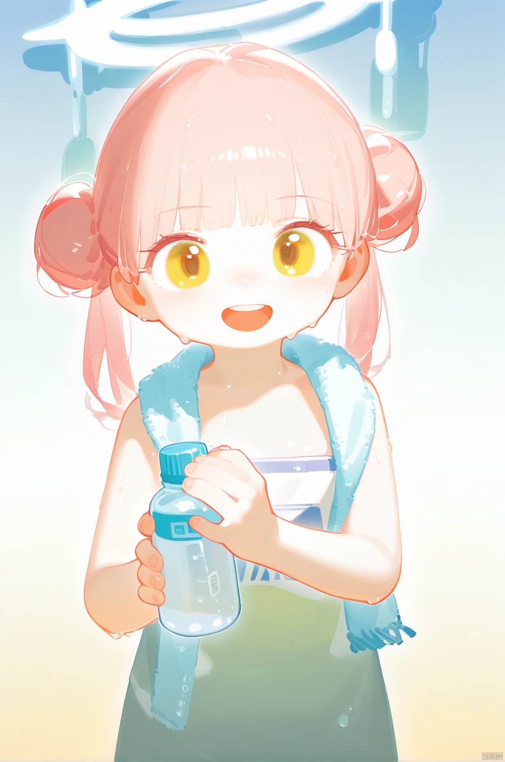  tianliang duohe fangdongye, quality good, 1girl, solo, hair bun, double bun, holding, halo, open mouth, sweat, looking at viewer, bangs, towel, pink hair, bottle, teeth, wings, upper body, blunt bangs, green eyes, blush, holding bottle, long hair, gradient, twintails, upper teeth only, gradient background, sidelocks, yellow eyes, flat chest, towel around neck, smile, angel