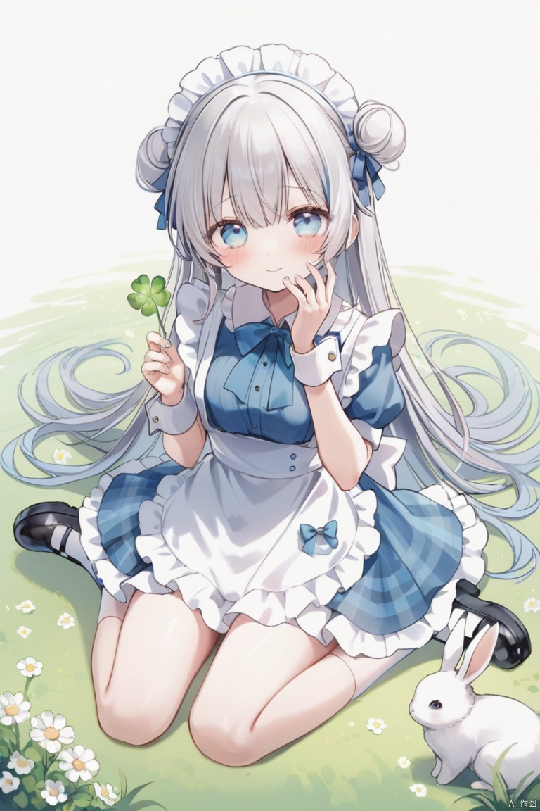 1girl, solo, long hair, looking at viewer, blush, smile, bangs, blue eyes, dress, bow, ribbon, holding, hair between eyes, sitting, very long hair, closed mouth, full body, flower, white hair, short sleeves, frills, shoes, socks, puffy sleeves, hair bun, chibi, black footwear, apron, puffy short sleeves, wrist cuffs, maid, maid headdress, double bun, blue dress, animal, blue bow, wariza, grass, white flower, blue ribbon, white socks, white apron, mary janes, maid apron, frilled apron, rabbit, holding flower, clover,great quality,masterpiece,very aesthetic,absurdres
