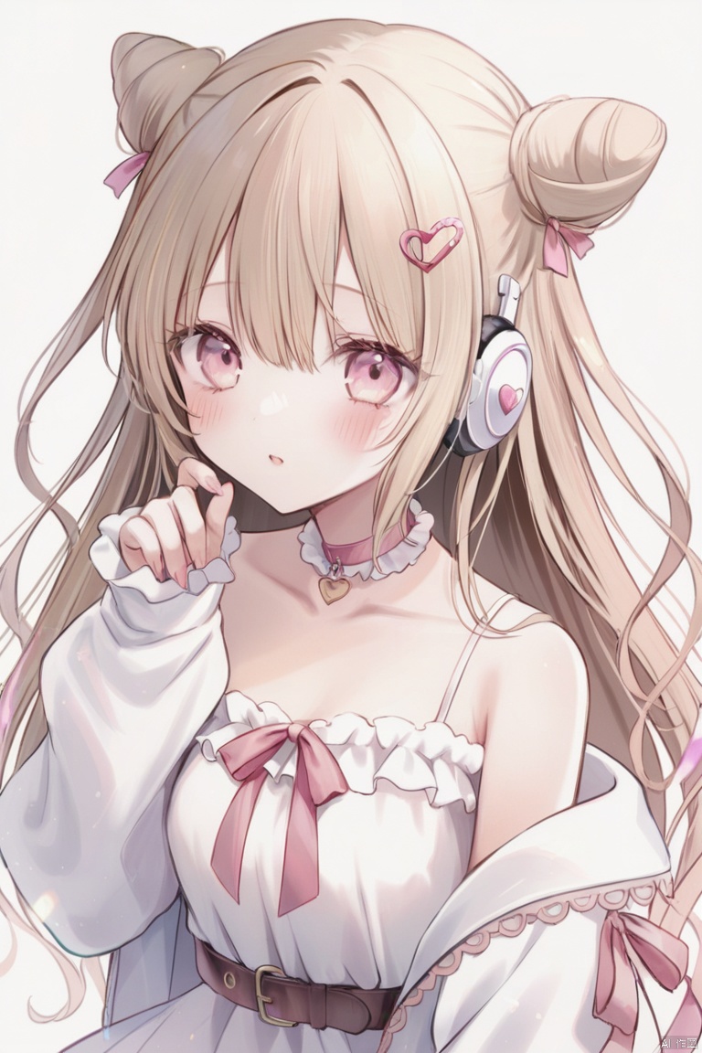1girl, solo, long hair, looking at viewer, blush, bangs, blonde hair, simple background, long sleeves, white background, dress, hair between eyes, bare shoulders, very long hair, collarbone, jacket, upper body, heart, frills, choker, puffy sleeves, hand up, pink eyes, off shoulder, hair bun, white dress, sleeves past wrists, double bun, headphones, puffy long sleeves, chromatic aberration, cone hair bun, pink choker