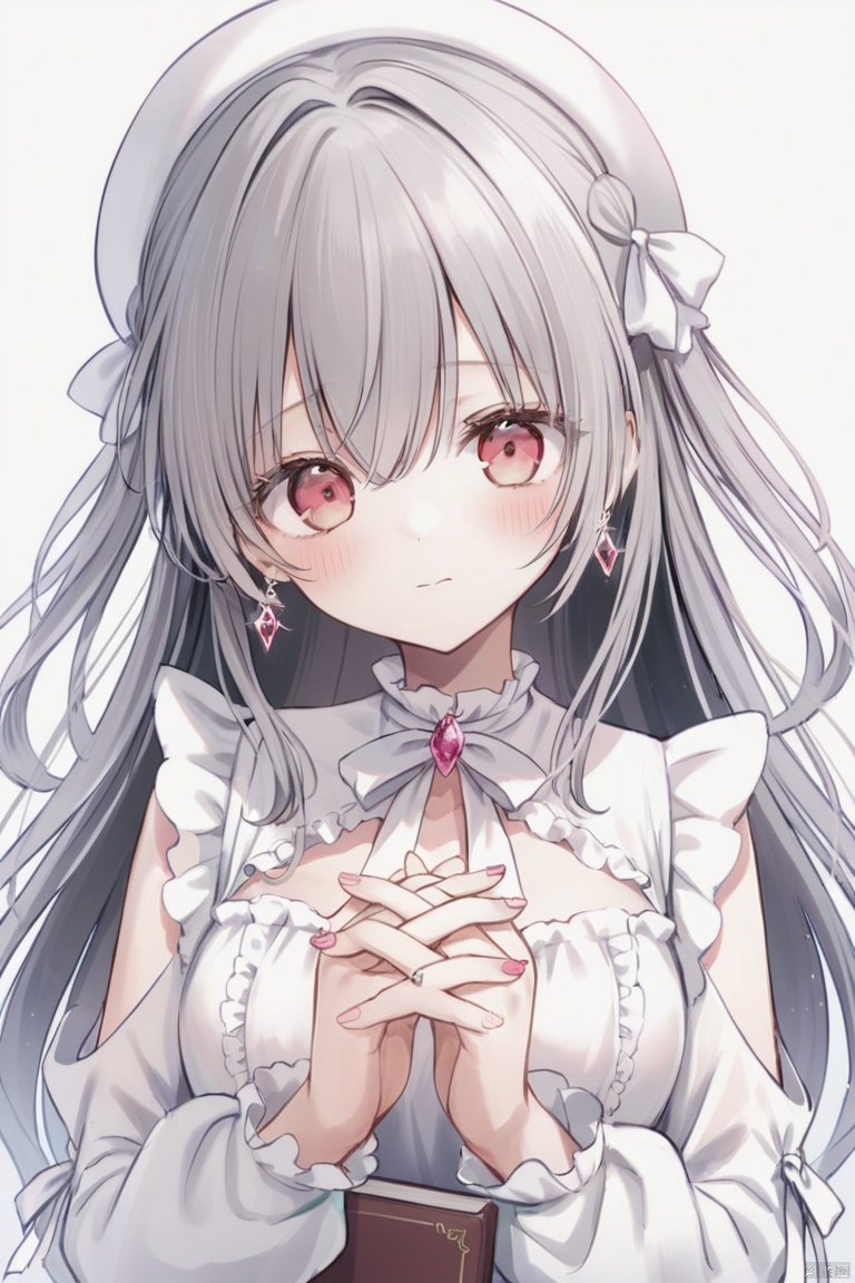 1girl, solo, long hair, breasts, looking at viewer, blush, bangs, shirt, red eyes, long sleeves, white background, dress, bow, hair between eyes, jewelry, medium breasts, closed mouth, white shirt, upper body, hair bow, grey hair, earrings, frills, puffy sleeves, nail polish, white dress, book, white headwear, hair intakes, own hands together, white bow, gem, interlocked fingers, pink nails, book stack