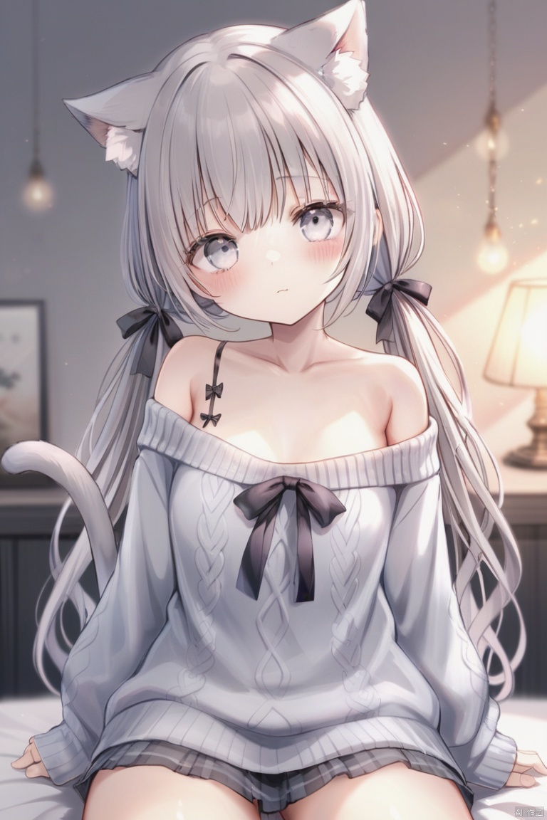 (masterpiece), (best quality), illustration, ultra detailed, hdr, Depth of field, (colorful),loli,head tilt,backlighting,glowing,float light,1girl, solo, long hair, looking at viewer, blush, bangs, white eyes, long sleeves,bow, animal ears, bare shoulders, very long hair, closed mouth, collarbone, tail, white hair, hair bow, grey hair, off shoulder, sweater, animal ear fluff, sleeves past wrists, cat ears, black bow, cat tail, cat girl, grey shirt, low ponytail, puffy long sleeves, grey sweater,indoor