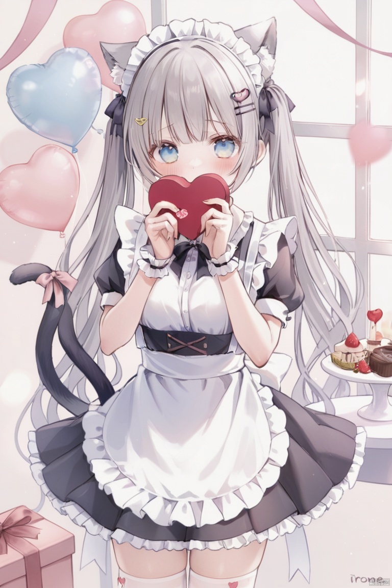1girl, solo, long hair, looking at viewer, blush, bangs, blue eyes, hair ornament, thighhighs, dress, bow, holding, animal ears, twintails, very long hair, standing, tail, white hair, short sleeves, hair bow, heart, frills, hairclip, puffy sleeves, indoors, cat ears, signature, apron, black dress, white thighhighs, puffy short sleeves, cat tail, animal ear fluff, wrist cuffs, maid, hands up, maid headdress, window, black bow, feet out of frame, table, frilled dress, cat girl, box, white apron, gift, frilled apron, chocolate, valentine, tail ornament, covered mouth, balloon, tail bow, heart-shaped box, heart balloon