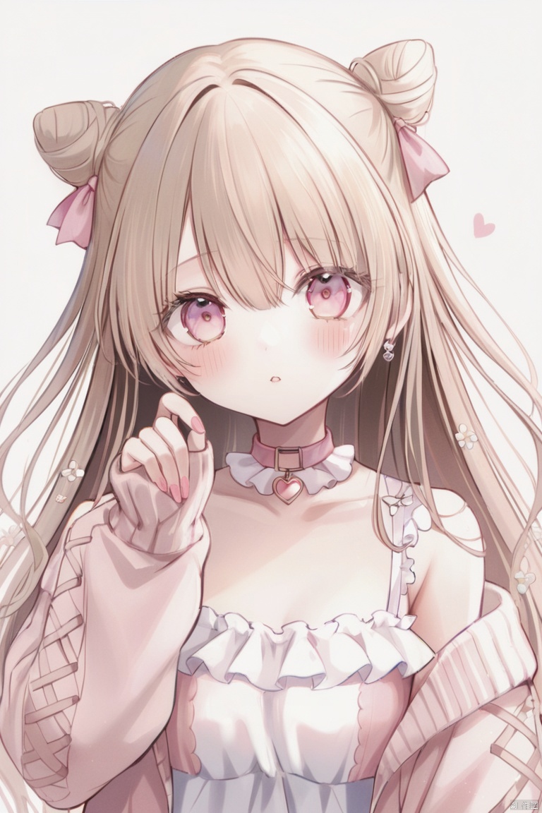 1girl, solo, long hair, looking at viewer, blush, bangs, blonde hair, simple background, long sleeves, white background, dress, hair between eyes, bare shoulders, very long hair, collarbone, jacket, upper body, heart, frills, choker, puffy sleeves, hand up, pink eyes, off shoulder, hair bun, white dress, sleeves past wrists, double bun, headphones, puffy long sleeves, chromatic aberration, cone hair bun, pink choker