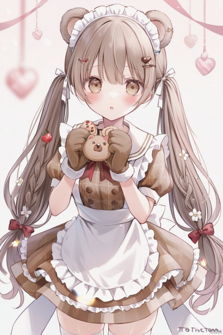 1girl, solo, long hair, looking at viewer, blush, bangs, brown hair, hair ornament, thighhighs, dress, bow, holding, animal ears, hair between eyes, twintails, brown eyes, very long hair, braid, short sleeves, heart, frills, parted lips, food, hairclip, puffy sleeves, sailor collar, blurry, :o, apron, white thighhighs, puffy short sleeves, plaid, white sailor collar, mittens, brown dress, cookie, bear ears, plaid dress, oven mitts