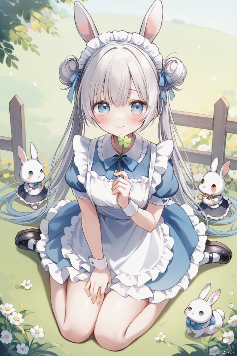 1girl, solo, long hair, looking at viewer, blush, smile, bangs, blue eyes, dress, bow, ribbon, holding, hair between eyes, sitting, very long hair, closed mouth, full body, flower, white hair, short sleeves, frills, shoes, socks, puffy sleeves, hair bun, chibi, black footwear, apron, puffy short sleeves, wrist cuffs, maid, maid headdress, double bun, blue dress, animal, blue bow, wariza, grass, white flower, blue ribbon, white socks, white apron, mary janes, maid apron, frilled apron, rabbit, holding flower, clover,great quality,masterpiece,very aesthetic,absurdres