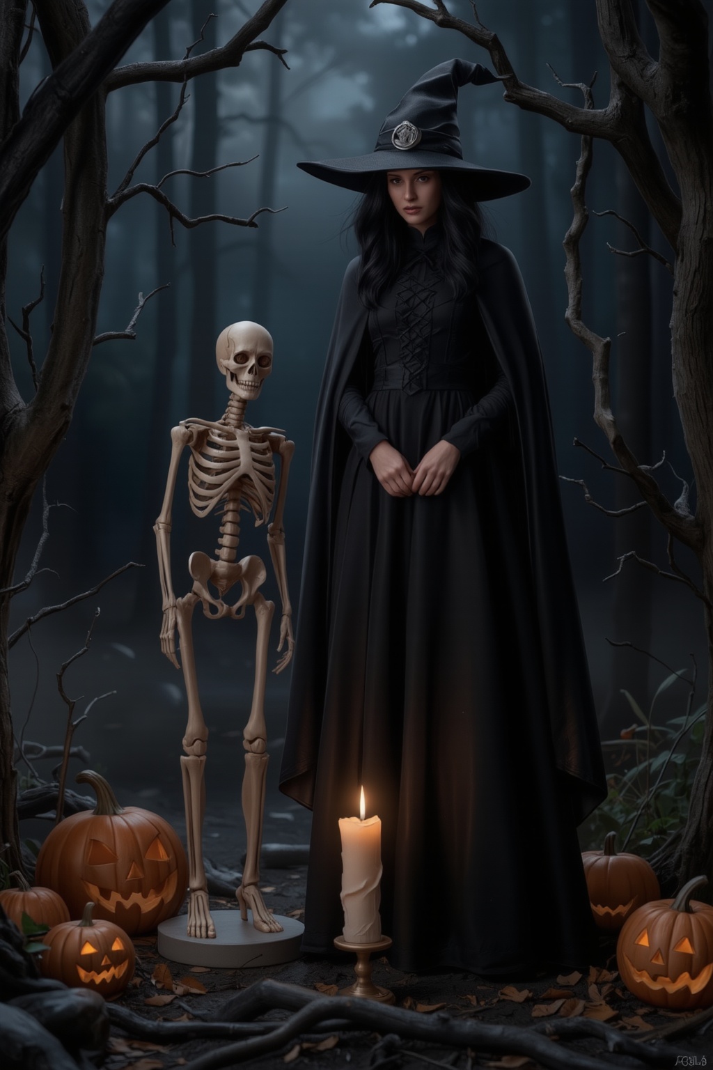 A witch in Halloween attire stands amidst a dark forest,  surrounded by twisted tree branches and glowing jack-o-lanterns....