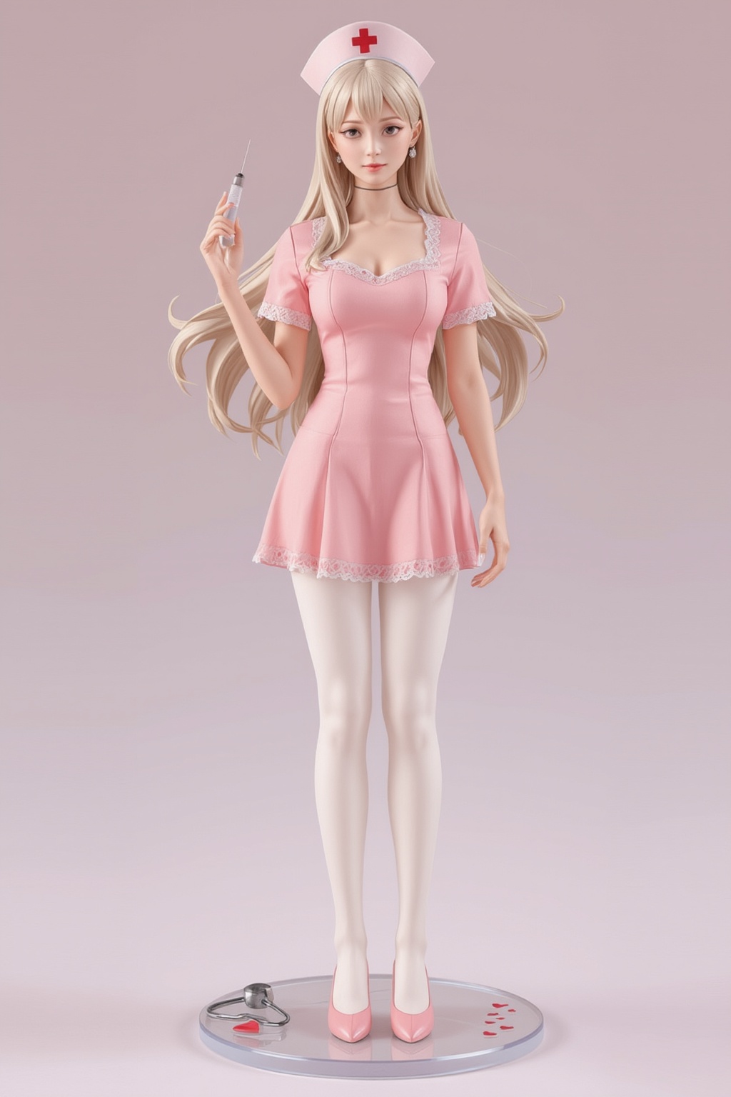 FuturEvoLabFigure,  A high-quality anime-style figure of a stunning nurse,  dressed in a cute and elegant pink nurse unifo...