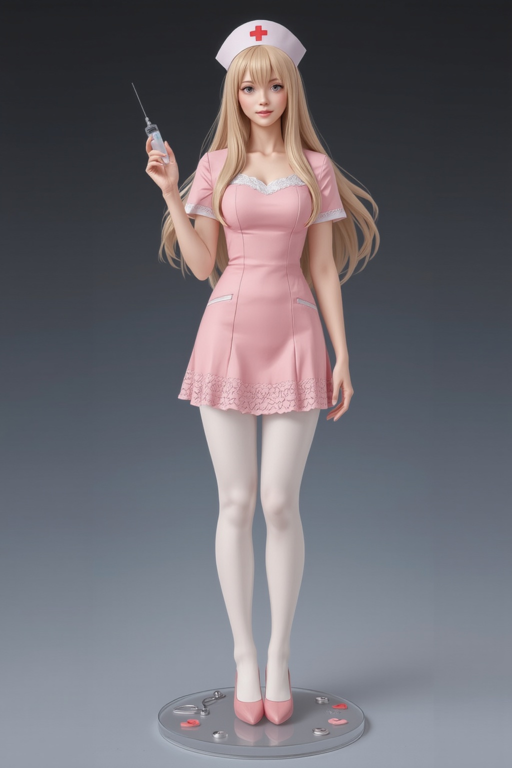 FuturEvoLabFigure,  A high-quality anime-style figure of a stunning nurse,  dressed in a cute and elegant pink nurse unifo...