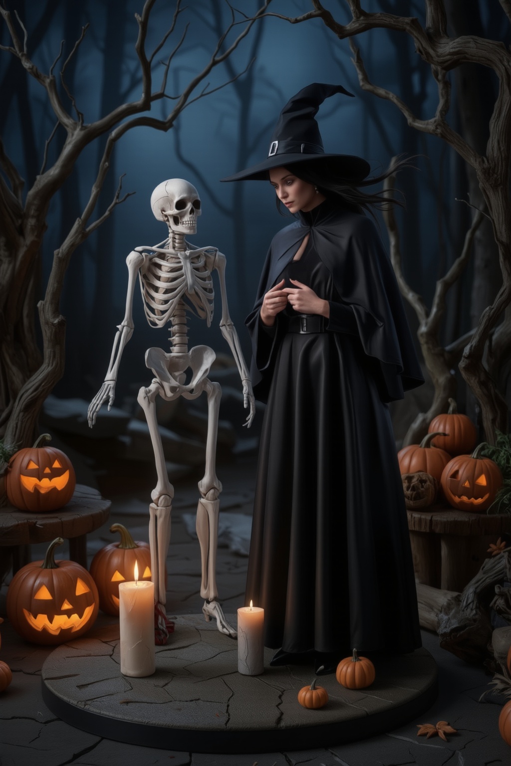 A witch in Halloween attire stands amidst a dark forest,  surrounded by twisted tree branches and glowing jack-o-lanterns....