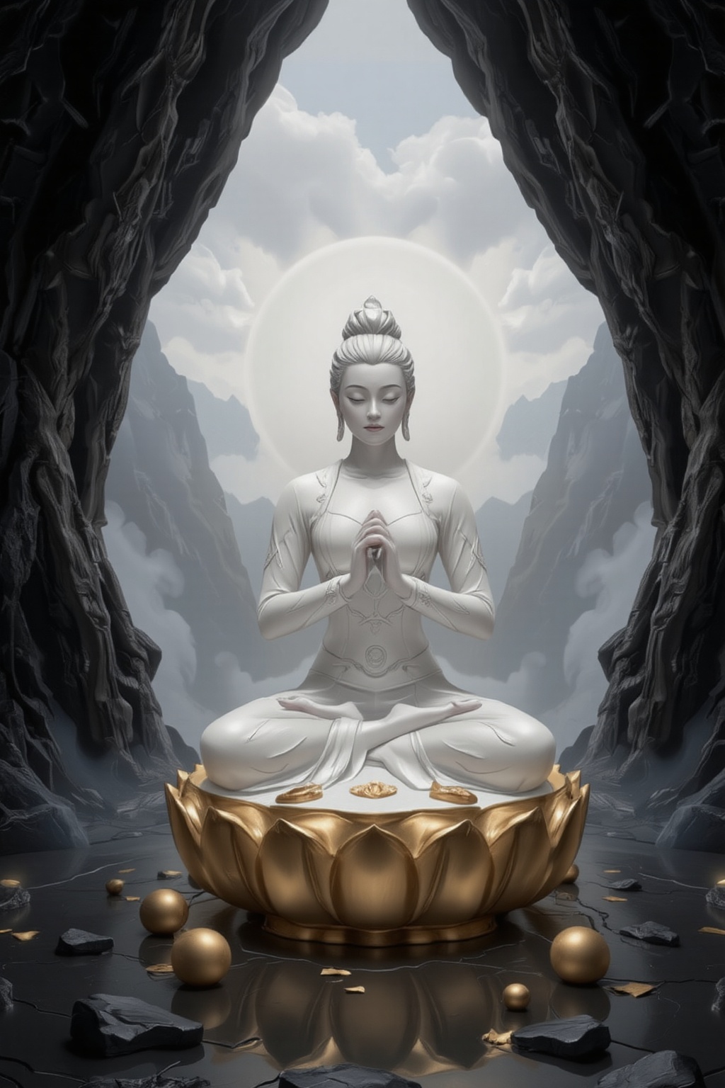 FuturEvoLabFigure,  A white jade Guanyin Bodhisattva sitting peacefully on a golden lotus,  with a halo of divine light be...