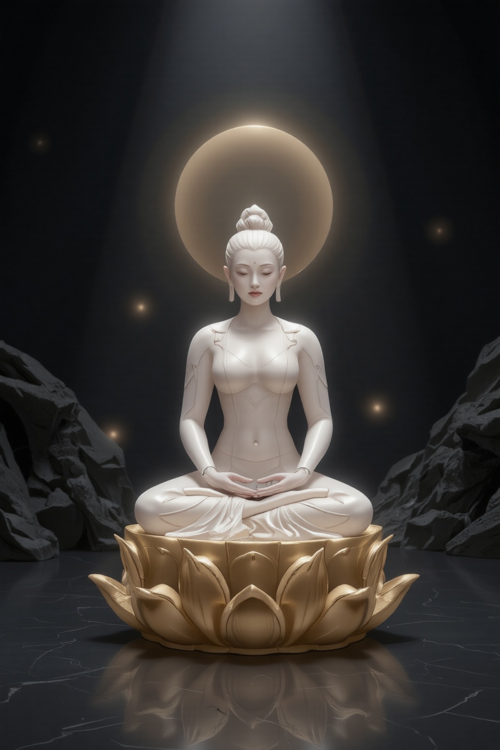 FuturEvoLabFigure,  A white jade Guanyin Bodhisattva sitting peacefully on a golden lotus,  with a halo of divine light be...
