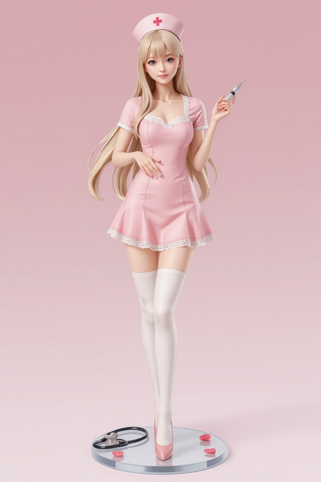 FuturEvoLabFigure,  A high-quality anime-style figure of a stunning nurse,  dressed in a cute and elegant pink nurse unifo...