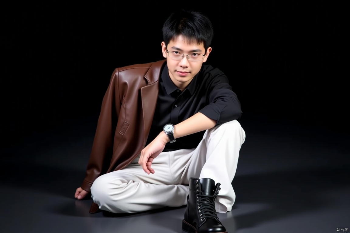A solo figure of a young boy with short, black hair and brown eyes sits comfortably in front of a simple, dark background. He wears a white pair of pants, a black shirt with a brown jacket slung over his shoulder, and black boots with a subtle sheen. A pair of glasses perches on the end of his nose, and a watch adorns his wrist. The overall tone is one of understated elegance, with the focus squarely on the boy's relaxed demeanor and open, casual attire.
