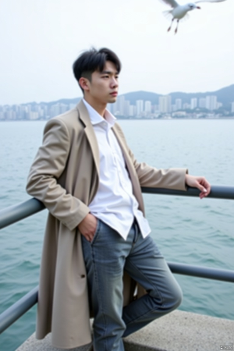 A young man stands at the seaside, captured in a side-on view. He leans against the railing, wearing work pants and a long windbreaker over a white dress shirt. In the distance, the cityscape stretches out, with deep layers of buildings. Above him, a seagull soars through the air, adding to the serene atmosphere.