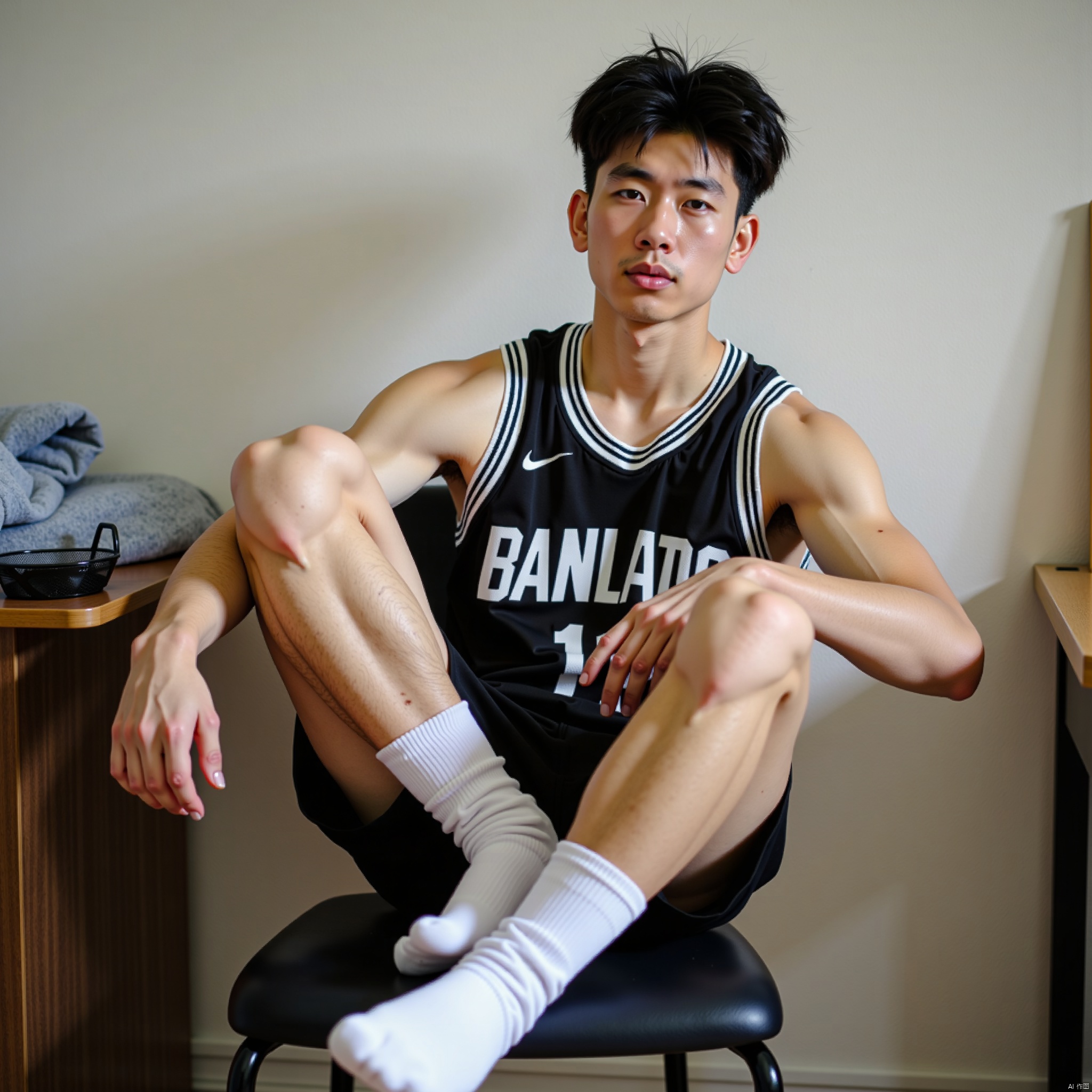 Close-up shot of a young man sitting in a chair, one leg draped over the desk, wearing white athletic socks and a black basketball jersey, set against the backdrop of a student dormitory room. The 35mm film captures a shallow depth of field with creamy bokeh, rendering a professional-grade image with exquisite detail, as if shot on 4K camera. Soft focus highlights the subject's textured skin and fabrics, while the subtle motion blur suggests a moment frozen in time.