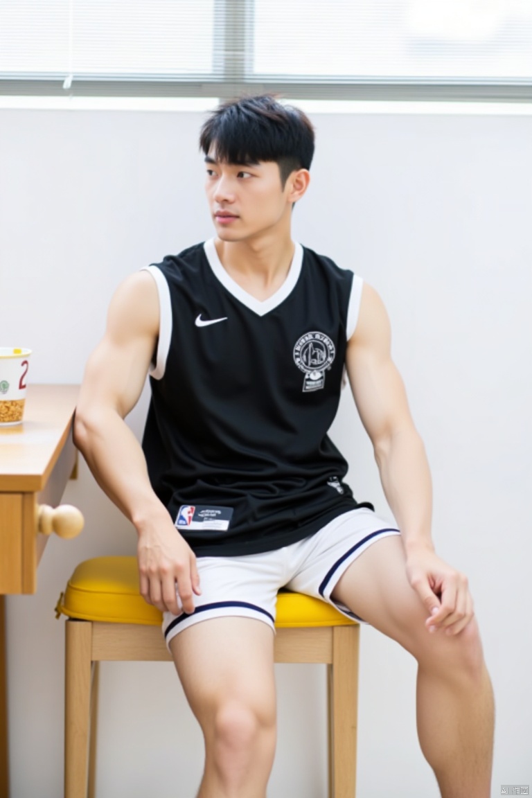 A young Asian man in a black and white basketball uniform with a white stripe on his shorts, seated on a yellow and white chair. He has his left leg crossed and right leg slightly bent, with both hands resting on a wooden desk. The desk features a cup of cereal and a white mug. The backdrop is a stark white wall with a window blind, creating a clean and minimalist setting. Soft natural light filters through, highlighting the scene.