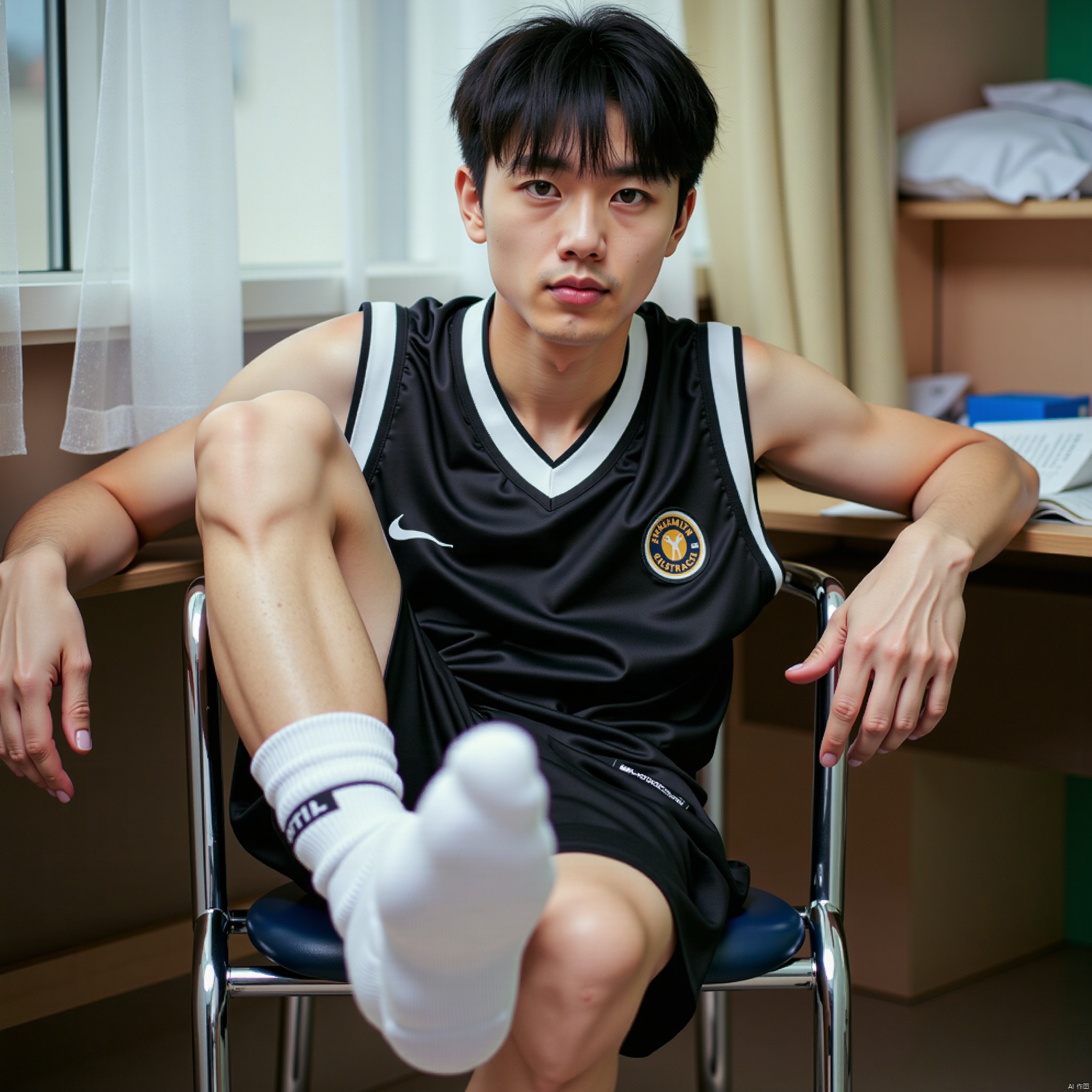 Close-up shot of a young man sitting in a chair, one leg draped over the desk, wearing white athletic socks and a black basketball jersey, set against the backdrop of a student dormitory room. The 35mm film captures a shallow depth of field with creamy bokeh, rendering a professional-grade image with exquisite detail, as if shot on 4K camera. Soft focus highlights the subject's textured skin and fabrics, while the subtle motion blur suggests a moment frozen in time.