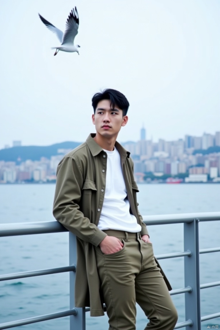 A young man stands at the seaside, captured in a side-on view. He leans against the railing, wearing work pants and a long windbreaker over a white dress shirt. In the distance, the cityscape stretches out, with deep layers of buildings. Above him, a seagull soars through the air, adding to the serene atmosphere.