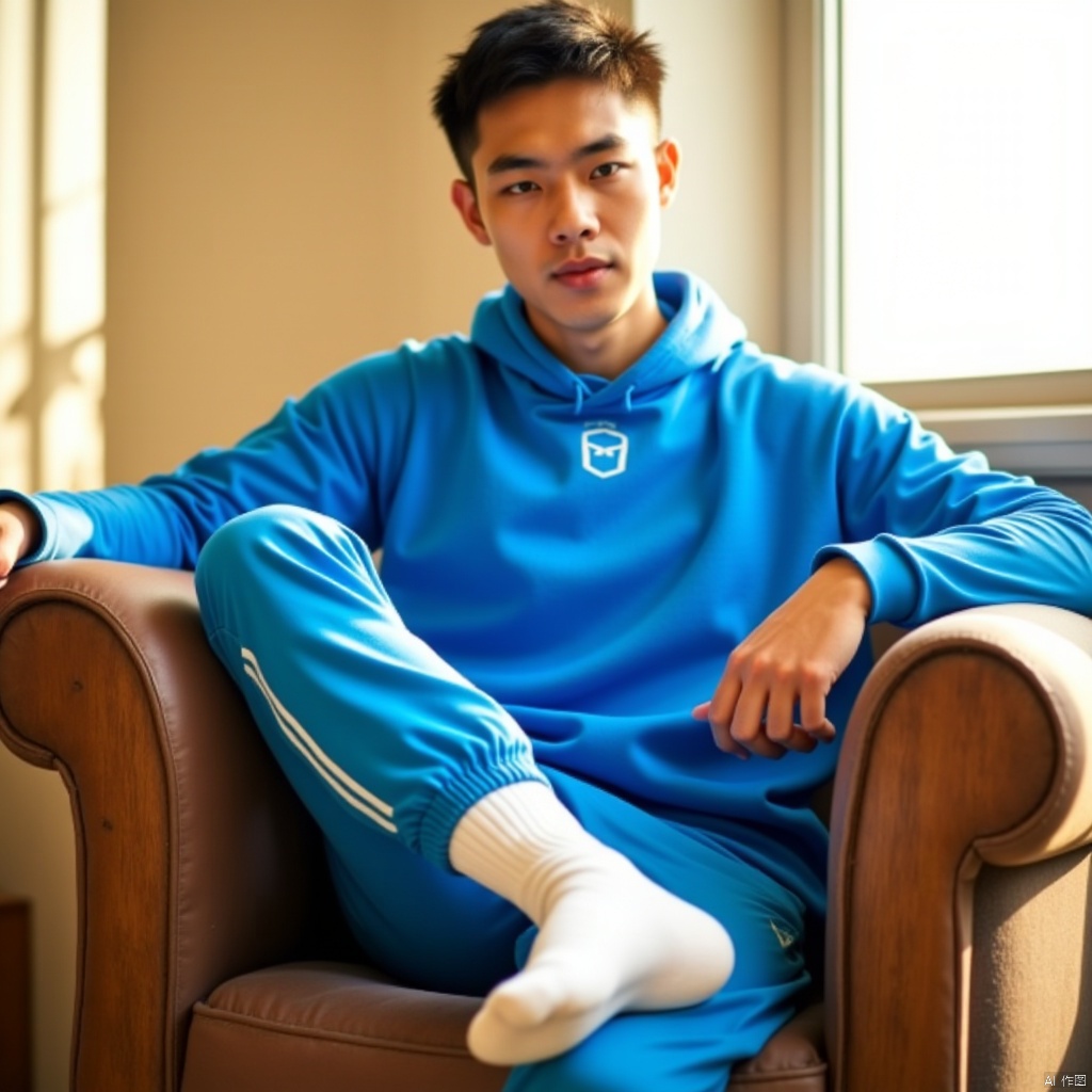 A young man in a bright blue athletic wear, seated on a wooden armchair with a worn-out legrest. He casually places one leg on the desk, showcasing his white athletic socks. The warm sunlight filters through the window, casting a gentle glow on the scene. The composition is straightforward, focusing attention on the subject's relaxed posture and vibrant attire.