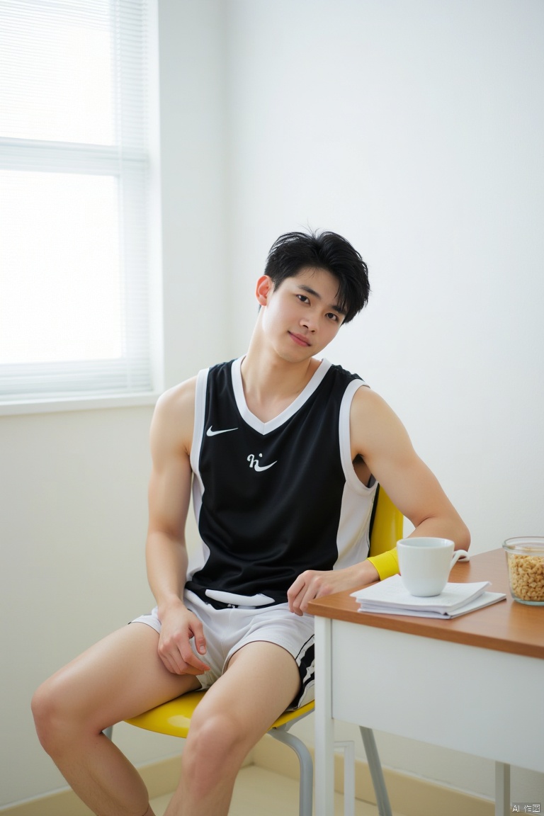 A young Asian man in a black and white basketball uniform with a white stripe on his shorts, seated on a yellow and white chair. He has his left leg crossed and right leg slightly bent, with both hands resting on a wooden desk. The desk features a cup of cereal and a white mug. The backdrop is a stark white wall with a window blind, creating a clean and minimalist setting. Soft natural light filters through, highlighting the scene.