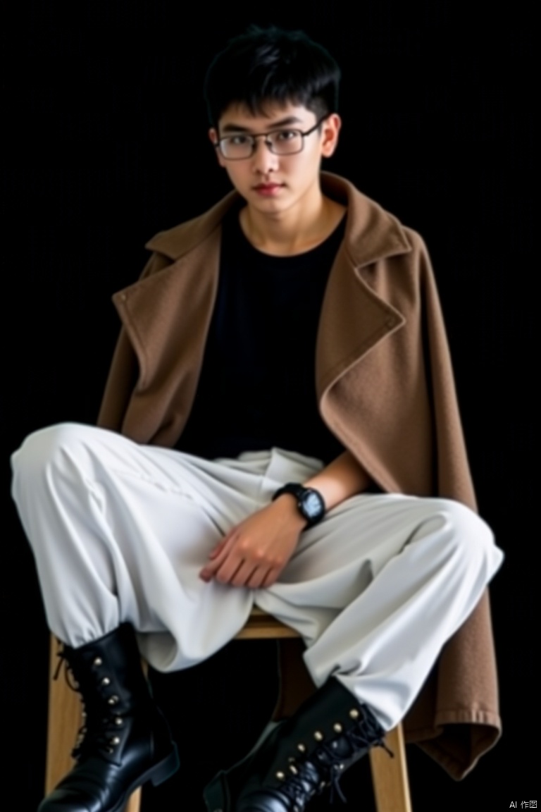 A solo figure of a young boy with short, black hair and brown eyes sits comfortably in front of a simple, dark background. He wears a white pair of pants, a black shirt with a brown jacket slung over his shoulder, and black boots with a subtle sheen. A pair of glasses perches on the end of his nose, and a watch adorns his wrist. The overall tone is one of understated elegance, with the focus squarely on the boy's relaxed demeanor and open, casual attire.