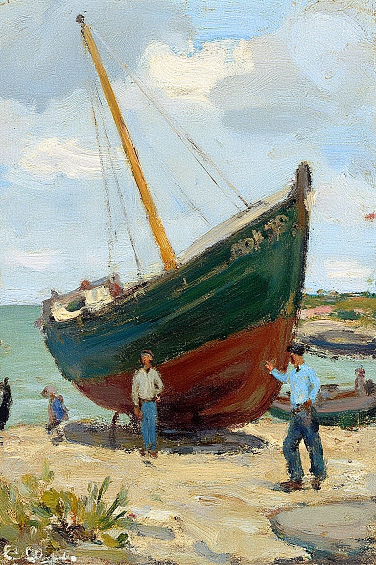 "An alla prima scene on a sandy beach with two men interacting with a large,  tilted boat. The boat is damaged. One man is...