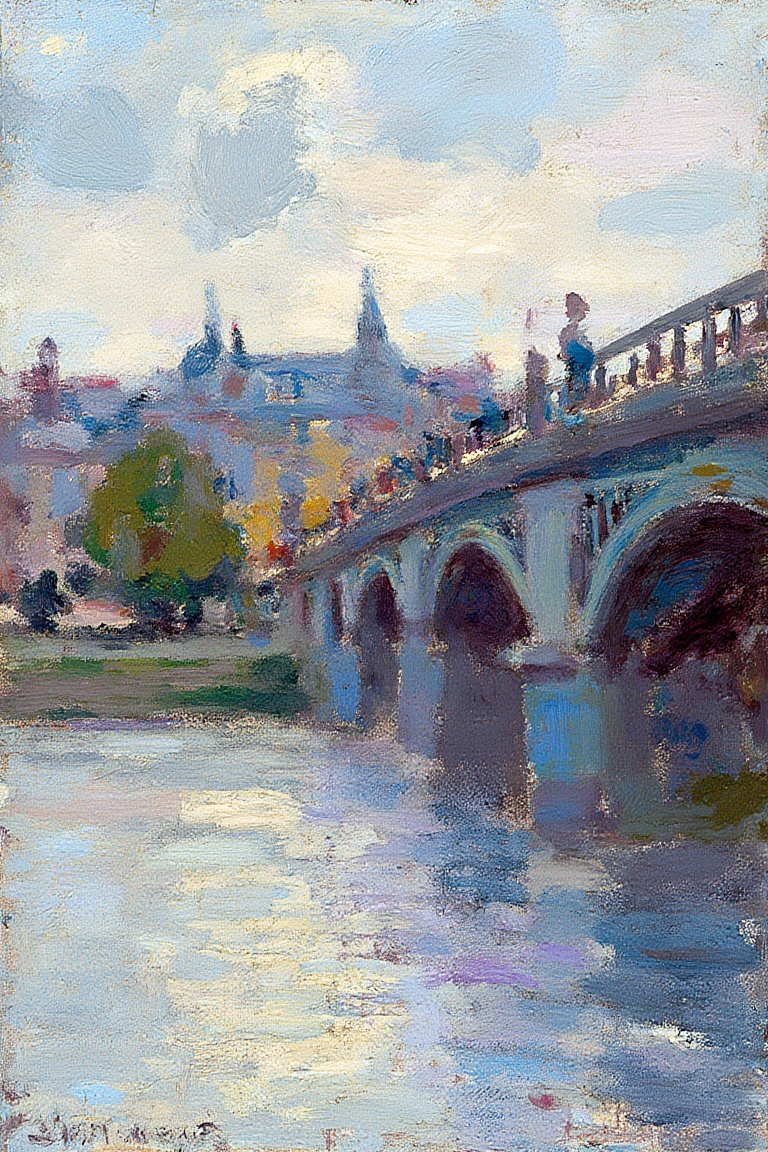 "An impressionist painting in the style of Claude Monet,  depicting the Waterloo Bridge in London at sunset. The bridge is...