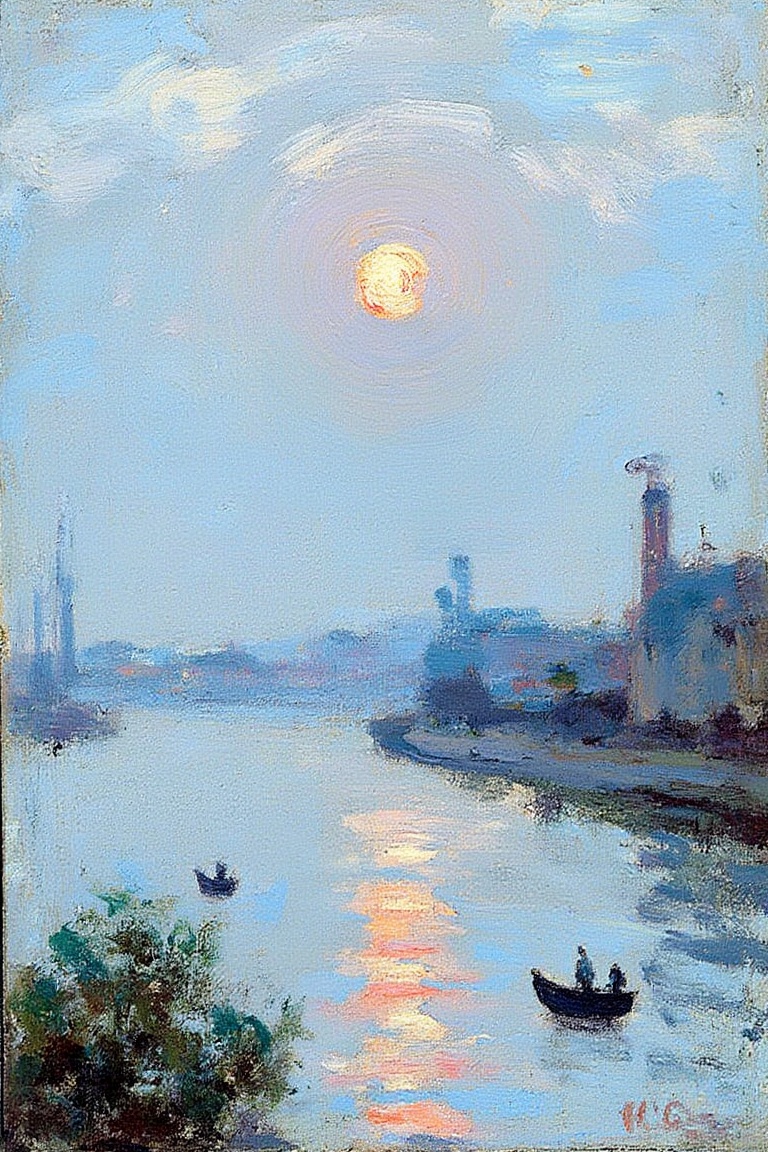 "A soft,  impressionistic painting of a harbor at dawn,  with misty on Tensor.Art