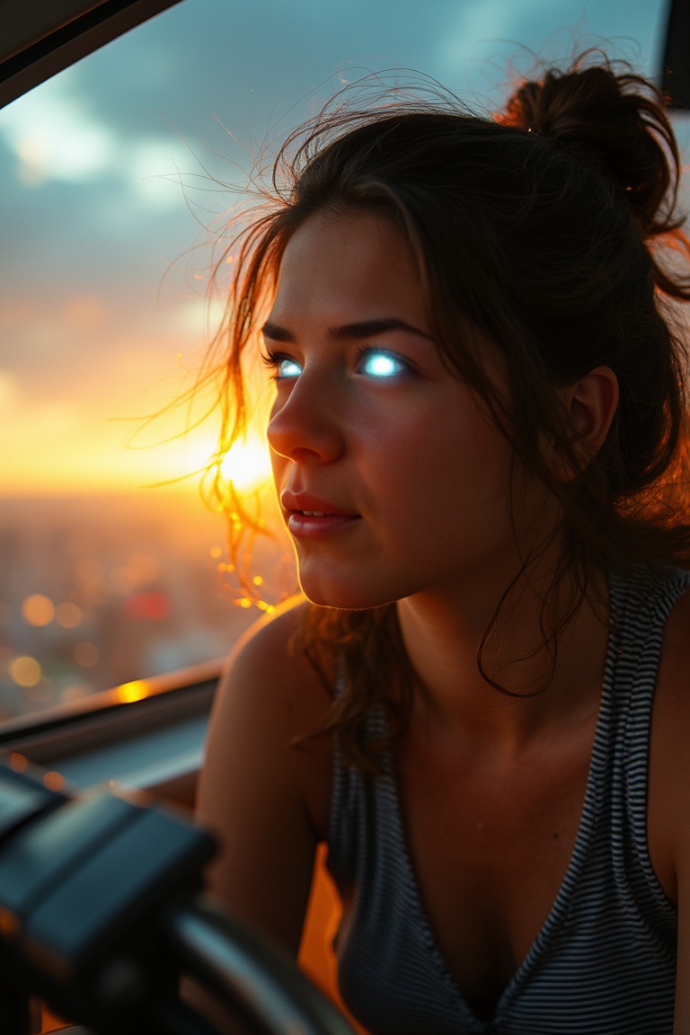 A dynamic close-up shot of a super-powered girl,  her eyes glowing with energy,  maneuvering a sleek on Tensor.Art