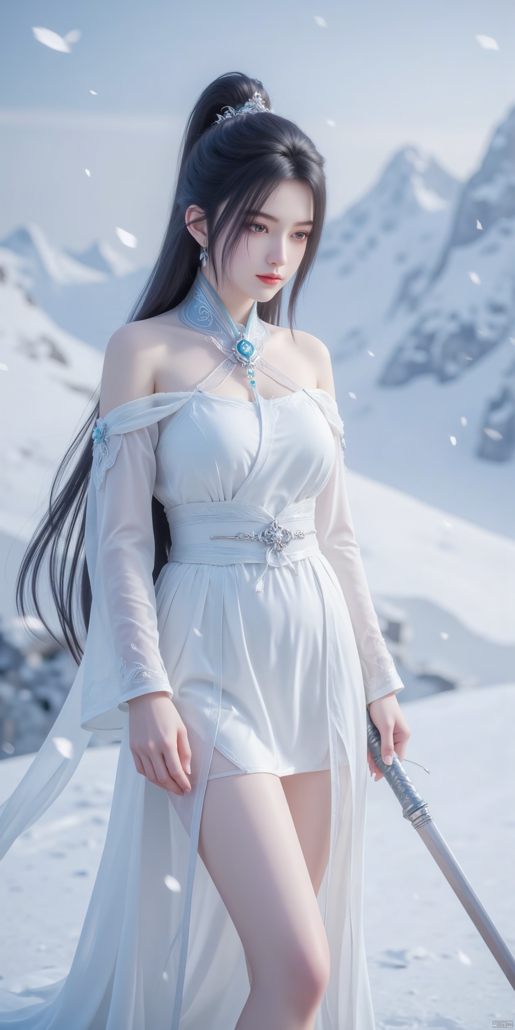 1 girl, half body, solo, long hair, black hair, long black hair, long hair flowing, hair accessories, earrings, white gauze skirt, off-the-shoulder, white heroine hat, heroine hat, snow mountain, snow, closed mouth, smile, charming smile, beautiful legs, plump figure, standing, holding a longsword, sword, snow mountain, snowflake, snowscape, snow, very cold, heavy snow, oversized snowflake, white snowflake, gloomy weather.