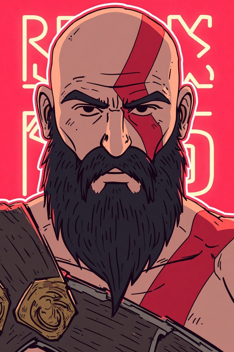 sir0b_style,  a cartoon drawing of close up kratos god of war the background is light red with word KRATOS in neon color....