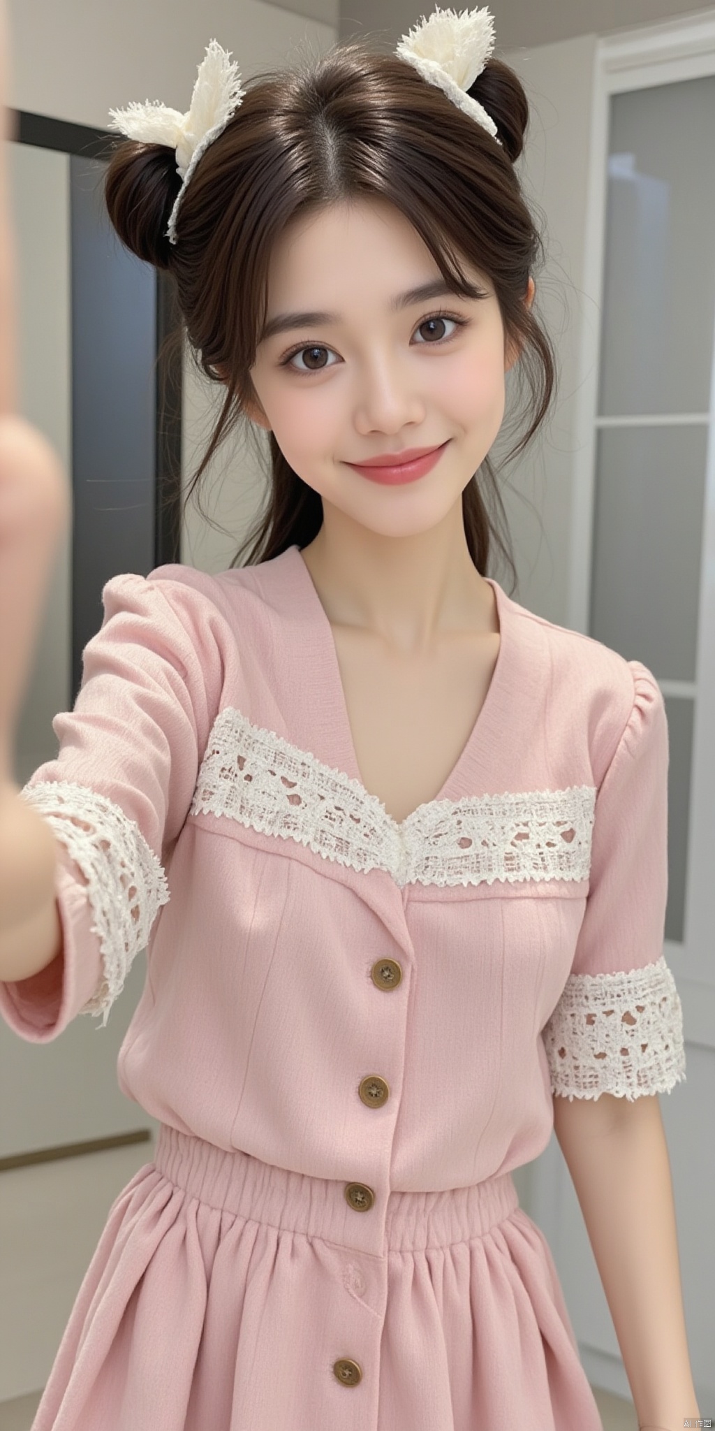 A half-length photo of a cute beauty with twin ponytails, a cute hairpin, and a pink Lolita skirt with lace on the hem. Her eyes are big and full of innocence.