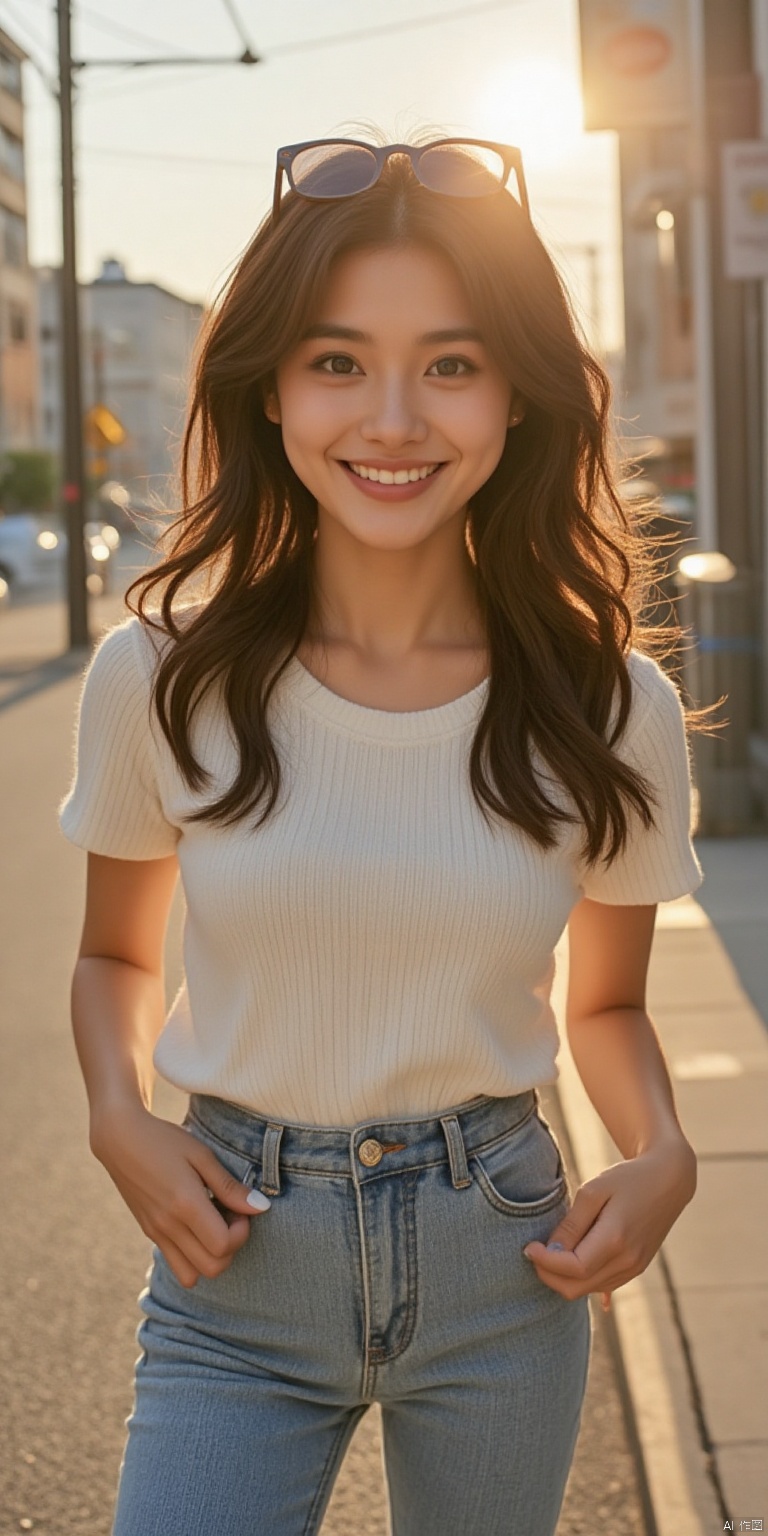 Vibrant morning light bathes the streets of Long Island, New York, as a stunning Asian beauty strikes a confident pose, sunglasses perched on her radiant face. Her strapless T-SHIRT showcases medium breasts ,while tight hot pants accentuate toned legs, as she beams with warm, sunny smile, inviting the viewer in with cinematic camera movement and extreme skin texture detail.