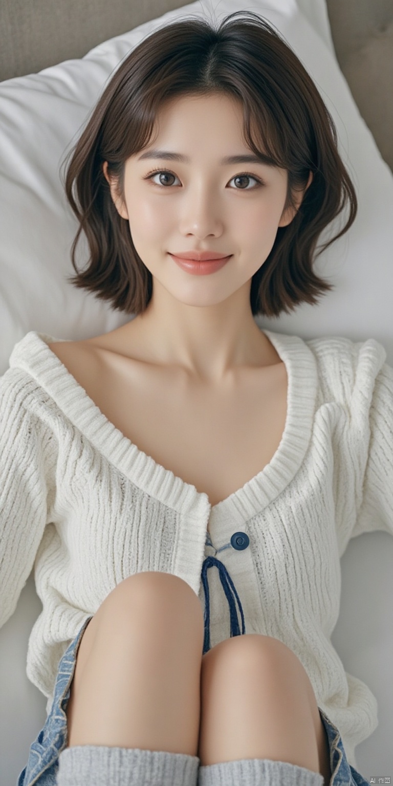 A stunning 18-year-old Korean idol singer lies in bed, facing the ceiling, exuding youthful charm. Her shy smile exudes high-definition beauty, showcasing ponytail short hair, expressive brown eyes, and hourglass shaped figure. Seifuku, Japanese girl high school uniform, knee high socks, school uniform skirt, perfectly matched with a light white shirt and thin semi transparent fabric. The tight frame, professional lighting, and "cowboy lens" create a sense of intimacy. The Bokeh effect adds depth to the masterpiece, allowing it to work safely with dynamic exposure. For young women with chest leaks, unbutton the shirt, open the shirt, chest, skirt, unfolded legs, white sneakers,inviting the viewer in with cinematic camera movement and extreme skin texture detail.