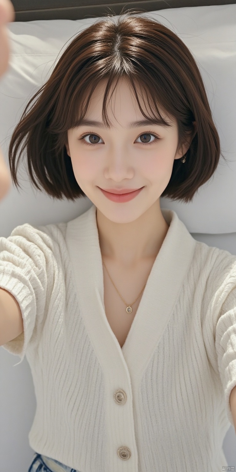 A stunning 18-year-old Korean idol singer lies in bed, facing the ceiling, exuding youthful charm. Her shy smile exudes high-definition beauty, showcasing ponytail short hair, expressive brown eyes, and hourglass shaped figure. Seifuku, Japanese girl high school uniform, knee high socks, school uniform skirt, perfectly matched with a light white shirt and thin semi transparent fabric. The tight frame, professional lighting, and "cowboy lens" create a sense of intimacy. The Bokeh effect adds depth to the masterpiece, allowing it to work safely with dynamic exposure. For young women with chest leaks, unbutton the shirt, open the shirt, chest, skirt, unfolded legs, white sneakers,inviting the viewer in with cinematic camera movement and extreme skin texture detail.