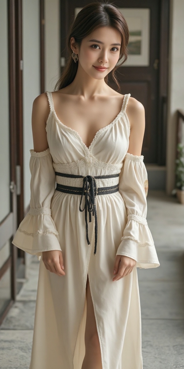 A stunning woman stands confidently, her slender figure showcased in a flowing Tang dress, its delicate fabric accentuating her curves. The low-cut design reveals a hint of cleavage, while the subtle beauty of oriental clothing is offset by modern sensuality. Her legs stretch out before her, captured full-body in a film-textured photograph with enhanced details. Soft focus and f/4 aperture create a shallow depth of field, drawing attention to her captivating pose.inviting the viewer in with cinematic camera movement and extreme skin texture detail.
