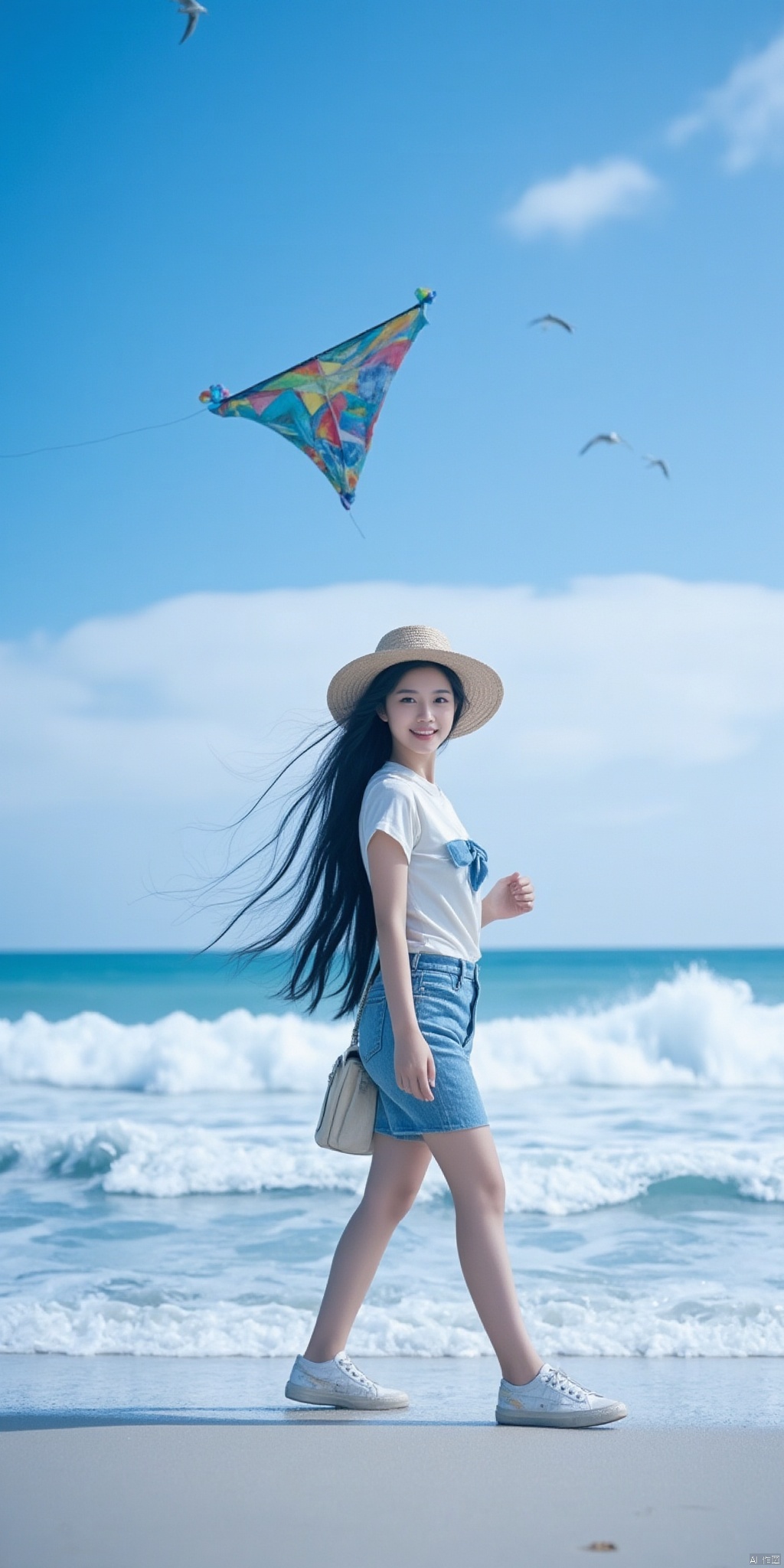 Scene: A vast seaside beach, blue sky and white clouds, crystal clear water, waves gently lapping on the beach, and a few seagulls flying in the distance. There are some shells and starfish on the beach.
Character: A youthful girl with healthy wheat-colored skin, big bright eyes, and two cute dimples when she smiles. She wore a high ponytail, her hair flowing in the wind, and a wide-brimmed straw hat on her head.
Clothing: She wears a white short-sleeved shirt with a blue bow tied on the shirt, paired with a pair of blue denim shorts, with the trousers slightly rolled up to reveal her slender ankles. She also wore a pair of white canvas shoes and carried a colorful satchel.
Posture: She is running happily on the beach, holding a colorful kite in her hand, flying high in the air. She looked back at the camera from time to time, with a bright smile on her face, as if she was enjoying this wonderful time.
Atmosphere: The whole picture is full of vitality and freshness. The sea breeze blows gently, bringing the saltiness of the sea and the warmth of the sun, making people feel the beauty of nature and the vitality of youth.