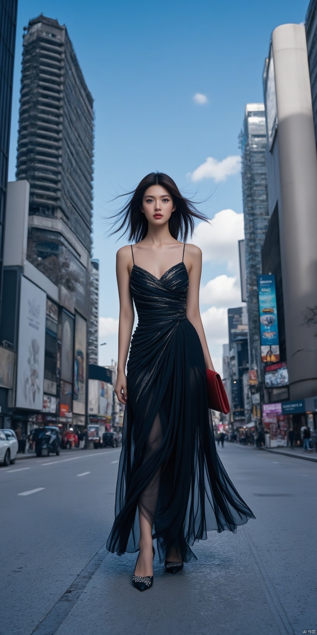 Scene: A bustling urban street with numerous high-rise buildings and flashing neon lights. There is a constant flow of vehicles on the street and pedestrians coming and going. There are some modern buildings and billboards in the background.
Character: A fashionable urban queen, she has exquisite makeup, flaming red lips, deep eyes, and a high bridge of nose. Her hair was cut into a fashionable short hair, dyed a charming brown, and slightly curled, making her look full of personality.
Clothing: She wore a black bodycon dress with a deep V neckline, showing off her charming collarbone and career line. The hem of the skirt is irregularly designed and swaying when walking. She also paired it with a pair of black heels with sparkling diamonds on the uppers and carried a red clutch.
Posture: She walks confidently on the street, her steps are light and powerful, and her eyes reveal confidence and charm. She stopped from time to time, admiring the surrounding scenery, or saying hello to the people around her, exuding the temperament of a queen in every move she made.
Atmosphere: The whole picture is full of fashion and modern atmosphere, with bright lights and the hustle and bustle of the city. The air is filled with the aroma of perfume and coffee, making people feel the charm of the city and the fast pace of life.