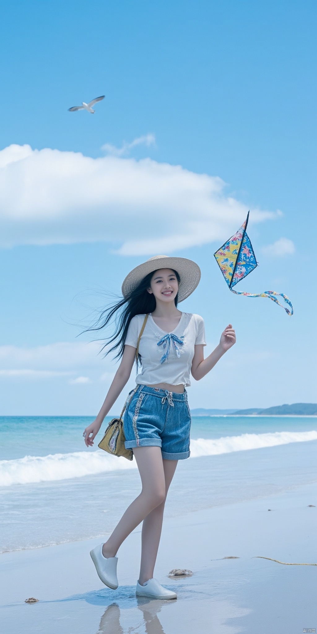 Scene: A vast seaside beach, blue sky and white clouds, crystal clear water, waves gently lapping on the beach, and a few seagulls flying in the distance. There are some shells and starfish on the beach.
Character: A youthful girl with healthy wheat-colored skin, big bright eyes, and two cute dimples when she smiles. She wore a high ponytail, her hair flowing in the wind, and a wide-brimmed straw hat on her head.
Clothing: She wears a white short-sleeved shirt with a blue bow tied on the shirt, paired with a pair of blue denim shorts, with the trousers slightly rolled up to reveal her slender ankles. She also wore a pair of white canvas shoes and carried a colorful satchel.
Posture: She is running happily on the beach, holding a colorful kite in her hand, flying high in the air. She looked back at the camera from time to time, with a bright smile on her face, as if she was enjoying this wonderful time.
Atmosphere: The whole picture is full of vitality and freshness. The sea breeze blows gently, bringing the saltiness of the sea and the warmth of the sun, making people feel the beauty of nature and the vitality of youth.