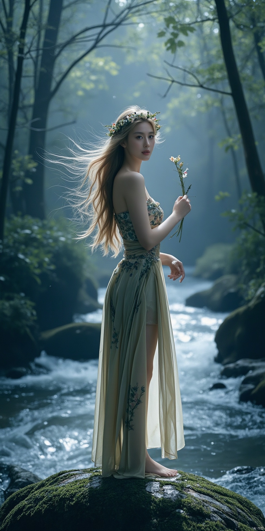 Scene: Dense forest, sunlight shining through the gaps in the leaves, moss and wildflowers on the ground, and a clear stream flowing in the background.
Character: A beautiful elf woman with fair skin and big eyes, which are like bright sapphires. Her long golden hair falls like a waterfall on her slender waist. She wears a garland of flowers and vines on her head. .
Clothes: She wears a thin green dress with exquisite flower and butterfly patterns embroidered on it. The hem of the skirt flutters in the wind. She has a golden ribbon tied around her waist and a pair of transparent crystals on her feet. shoe.
Posture: She stood elegantly on a big rock by the stream, gently stroking the branches around her with one hand, holding a blooming lily in the other hand, tilting her head slightly, with a sweet smile on her face, as if Listening to the sounds of the forest.
Atmosphere: The whole picture is full of dreamy and mysterious atmosphere, with flickering fireflies flying around, and the air is filled with the fresh scent of flowers and vegetation.