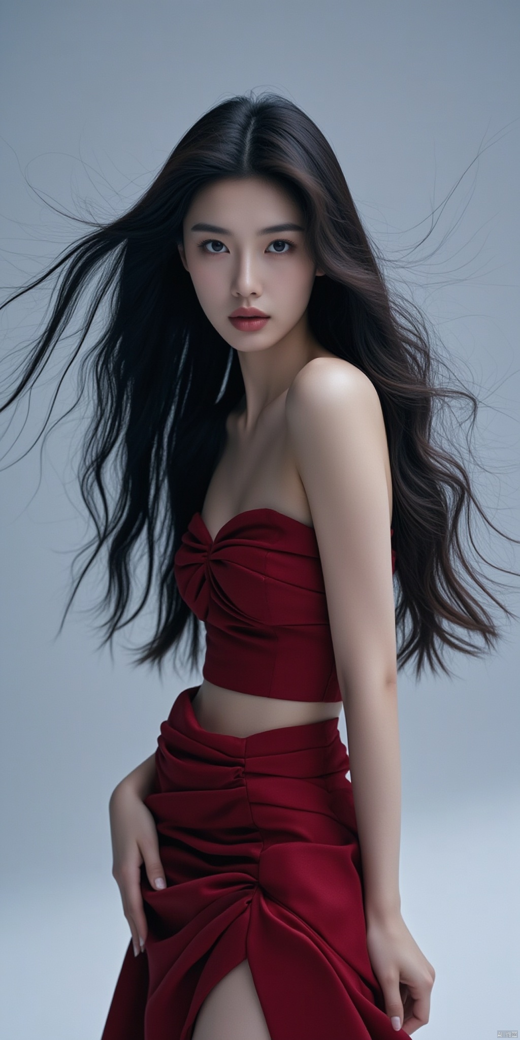 The half-length photo shows a beautiful lady with wavy long hair and exquisite makeup. She is wearing a red tight dress that highlights her perfect body curves. Her eyes are confident and firm,breast