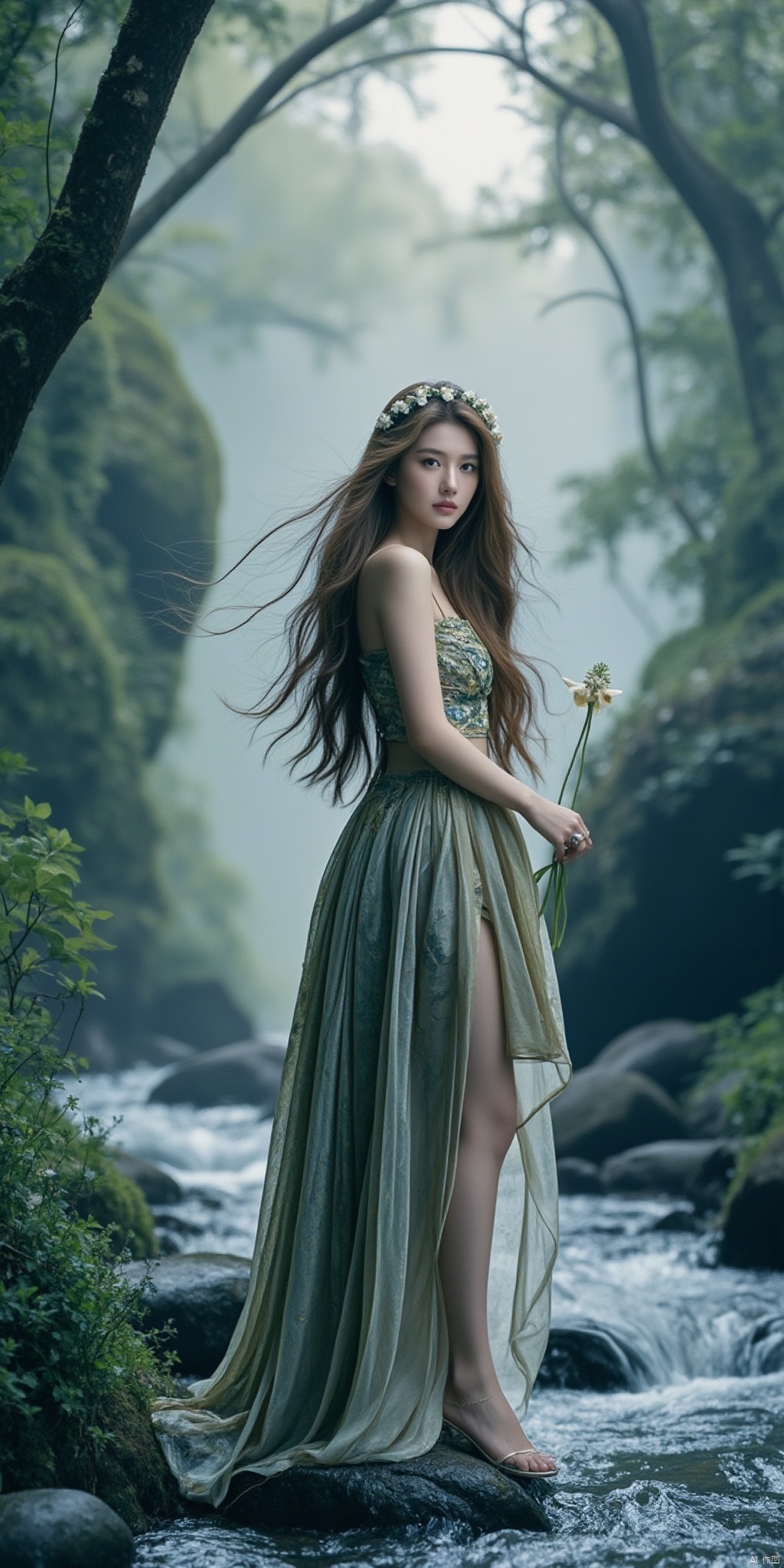 Scene: Dense forest, sunlight shining through the gaps in the leaves, moss and wildflowers on the ground, and a clear stream flowing in the background.
Character: A beautiful elf woman with fair skin and big eyes, which are like bright sapphires. Her long golden hair falls like a waterfall on her slender waist. She wears a garland of flowers and vines on her head. .
Clothes: She wears a thin green dress with exquisite flower and butterfly patterns embroidered on it. The hem of the skirt flutters in the wind. She has a golden ribbon tied around her waist and a pair of transparent crystals on her feet. shoe.
Posture: She stood elegantly on a big rock by the stream, gently stroking the branches around her with one hand, holding a blooming lily in the other hand, tilting her head slightly, with a sweet smile on her face, as if Listening to the sounds of the forest.
Atmosphere: The whole picture is full of dreamy and mysterious atmosphere, with flickering fireflies flying around, and the air is filled with the fresh scent of flowers and vegetation.