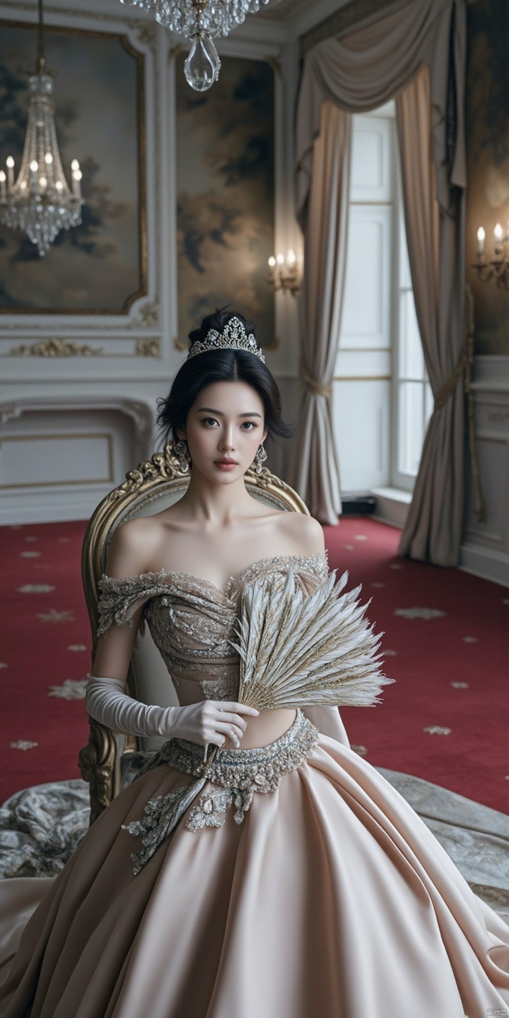 Scene: A gorgeous palace hall, with exquisite oil paintings and gorgeous wall lamps hanging on the walls, a red carpet on the floor, and a huge crystal chandelier in the center of the hall.
Character: A noble princess, she has a delicate face, curved eyebrows, a small cherry-like mouth, a high bridge of nose, and a pair of charming big eyes shining with the light of wisdom. Her hair was styled into an intricate and ornate bun with hair accessories made of pearls and gemstones.
Clothing: She is wearing a gorgeous palace dress. The dress is made of silk and lace in an elegant pink color. The neckline and cuffs are studded with pearls and diamonds. The skirt is embroidered with exquisite patterns and drags on the ground. Like a gorgeous cloud. She also wore a pair of white silk gloves and held an exquisite feather fan in her hand.
Posture: She sits elegantly on a golden throne, leaning back slightly, with one hand on the armrest of the throne, and the other hand gently fanning the fan. Her eyes reveal confidence and majesty, as if she is inspecting her subjects.
Atmosphere: The whole picture is filled with an atmosphere of luxury and nobility. The lights illuminate the entire hall, reflecting the bright light, making people feel like they are in a dreamy palace world.