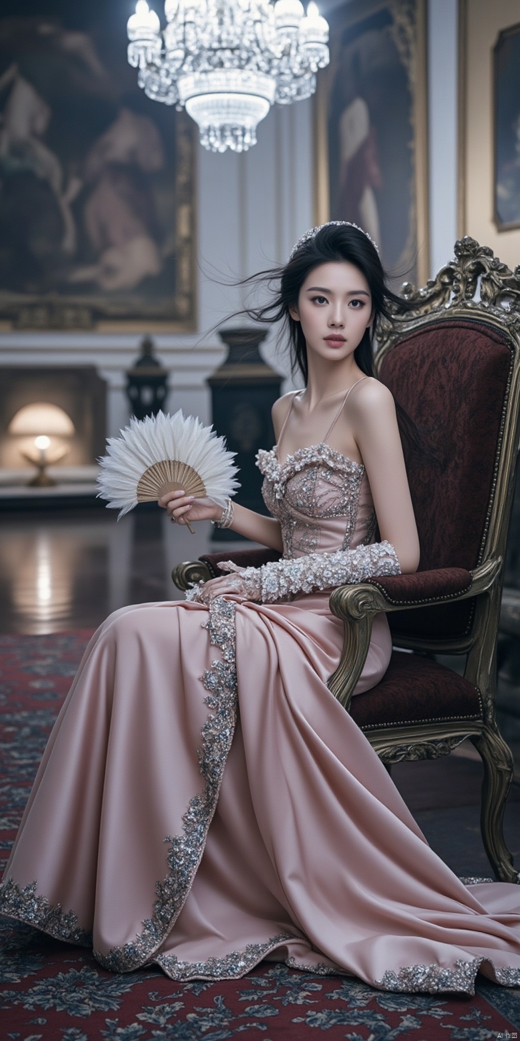 Scene: A gorgeous palace hall, with exquisite oil paintings and gorgeous wall lamps hanging on the walls, a red carpet on the floor, and a huge crystal chandelier in the center of the hall.
Character: A noble princess, she has a delicate face, curved eyebrows, a small cherry-like mouth, a high bridge of nose, and a pair of charming big eyes shining with the light of wisdom. Her hair was styled into an intricate and ornate bun with hair accessories made of pearls and gemstones.
Clothing: She is wearing a gorgeous palace dress. The dress is made of silk and lace in an elegant pink color. The neckline and cuffs are studded with pearls and diamonds. The skirt is embroidered with exquisite patterns and drags on the ground. Like a gorgeous cloud. She also wore a pair of white silk gloves and held an exquisite feather fan in her hand.
Posture: She sits elegantly on a golden throne, leaning back slightly, with one hand on the armrest of the throne, and the other hand gently fanning the fan. Her eyes reveal confidence and majesty, as if she is inspecting her subjects.
Atmosphere: The whole picture is filled with an atmosphere of luxury and nobility. The lights illuminate the entire hall, reflecting the bright light, making people feel like they are in a dreamy palace world.