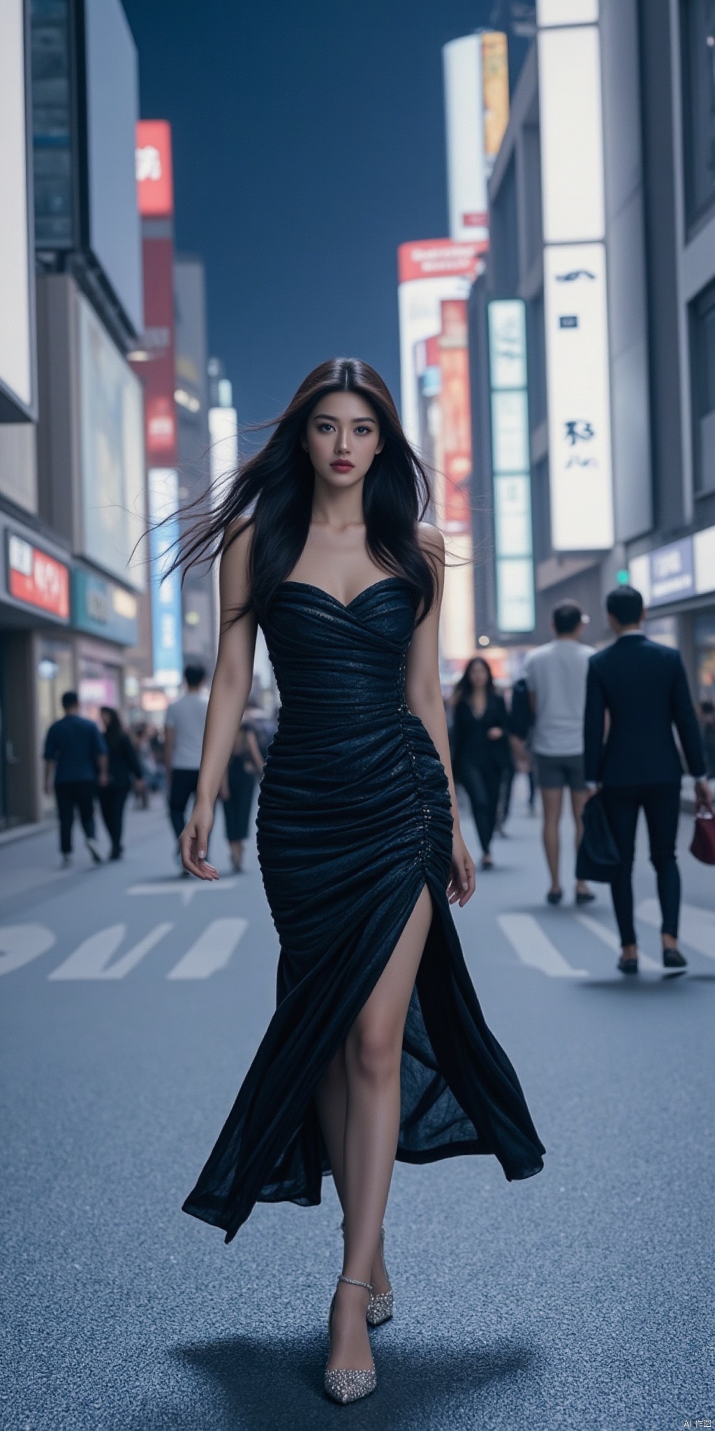 Scene: A bustling urban street with numerous high-rise buildings and flashing neon lights. There is a constant flow of vehicles on the street and pedestrians coming and going. There are some modern buildings and billboards in the background.
Character: A fashionable urban queen, she has exquisite makeup, flaming red lips, deep eyes, and a high bridge of nose. Her hair was cut into a fashionable short hair, dyed a charming brown, and slightly curled, making her look full of personality.
Clothing: She wore a black bodycon dress with a deep V neckline, showing off her charming collarbone and career line. The hem of the skirt is irregularly designed and swaying when walking. She also paired it with a pair of black heels with sparkling diamonds on the uppers and carried a red clutch.
Posture: She walks confidently on the street, her steps are light and powerful, and her eyes reveal confidence and charm. She stopped from time to time, admiring the surrounding scenery, or saying hello to the people around her, exuding the temperament of a queen in every move she made.
Atmosphere: The whole picture is full of fashion and modern atmosphere, with bright lights and the hustle and bustle of the city. The air is filled with the aroma of perfume and coffee, making people feel the charm of the city and the fast pace of life.